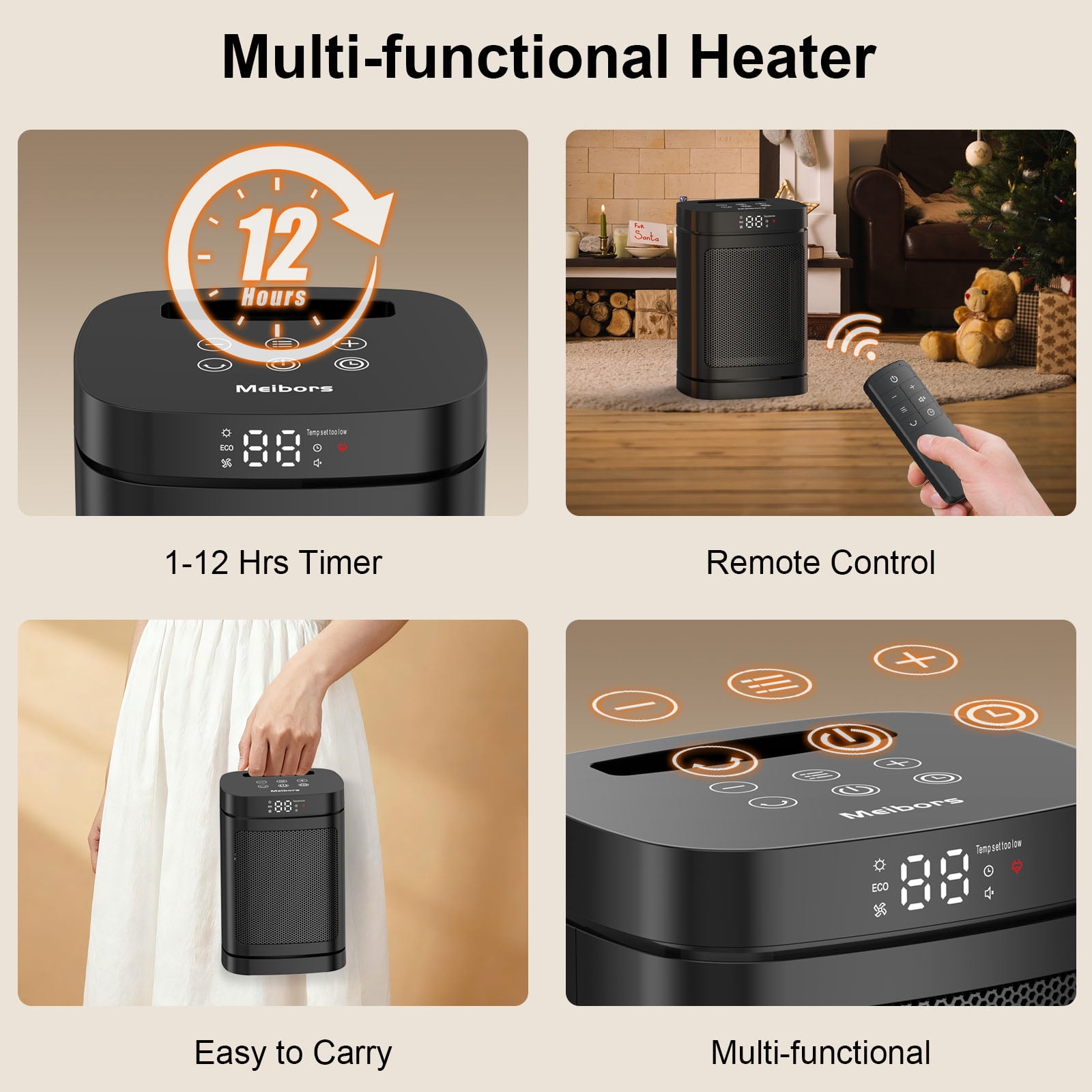 Meibors Compact Indoor Electric Space Heater with Remote Control, 3 Heat Settings, ECO Mode, and Wide-Angle Oscillation (Black, 1500W) j9aln