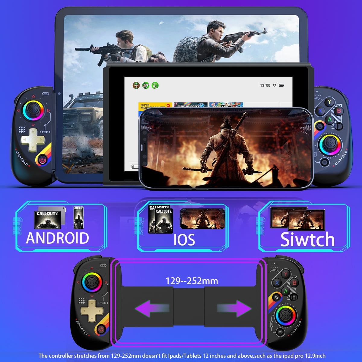 xbuyna Wireless Mobile Gaming Controller for iPhone iPad Android (Black, 10 in) 6576k