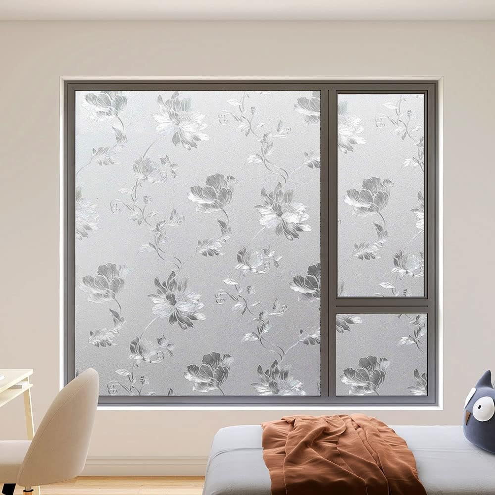 BSHAPPLUS Window Privacy Film, Frosted Glass Decorative Static Cling, UV Blocking Floral Pattern (White, 17.7 in x 78.7 in) n59s6