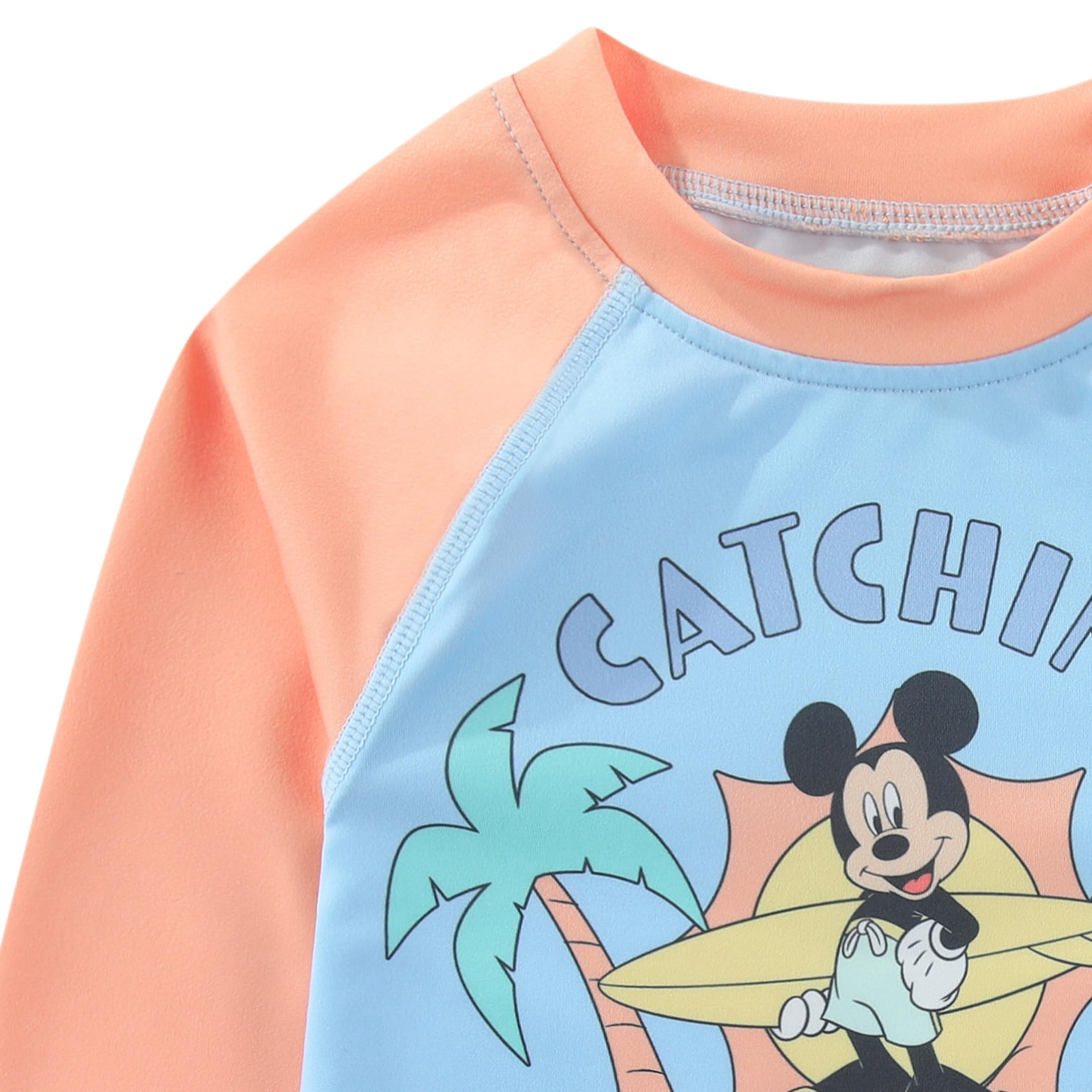 Disney Mickey Mouse UPF 50+ Rash Guard Swim Trunks and Sun Hat Set (Orange, 3M-24M) npph6