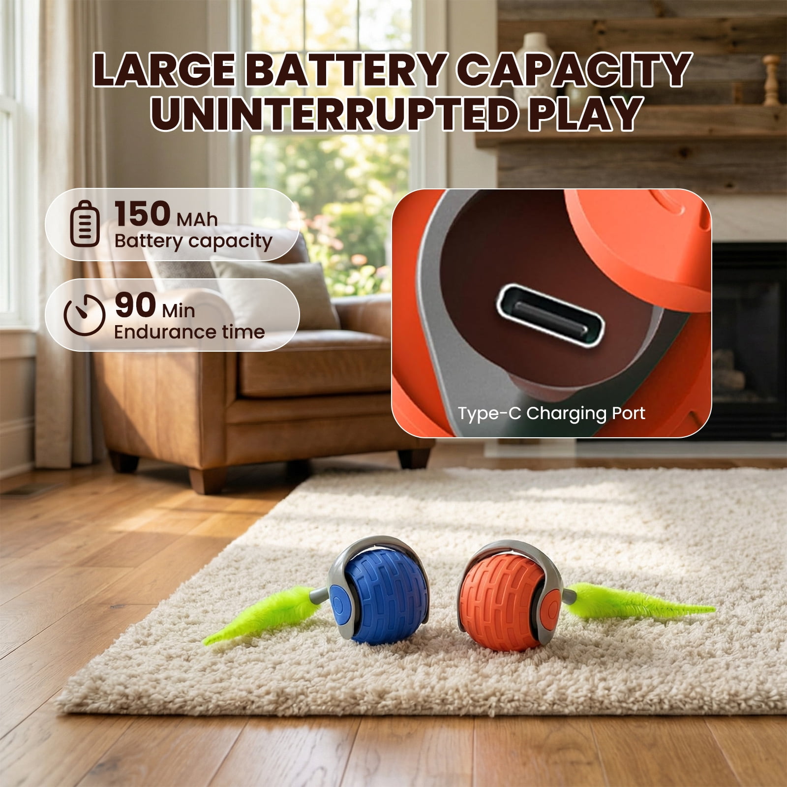 Absoke Interactive Cat Toy Ball with Feather Tails, Automatic Rolling Motion for Indoor Cats (Blue-Orange, 2 Pack) nof74
