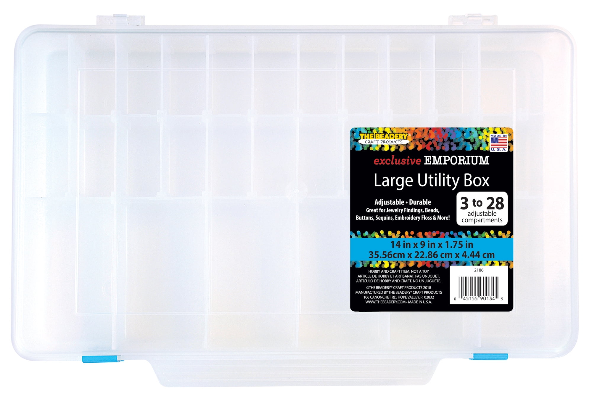 The Beadery Large Utility Storage Box with 28 Adjustable Compartments (Clear, 14 in x 9 in x 1.75 in) tfnmz