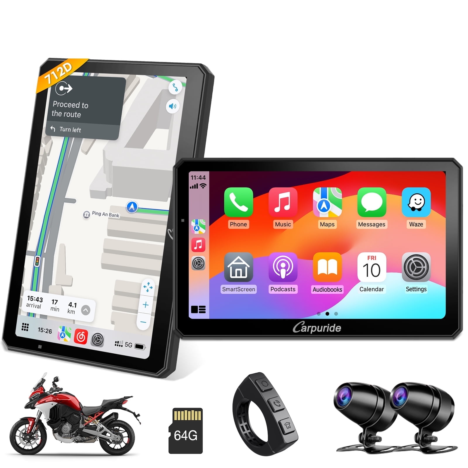 Carpuride Motorcycle Dash Cam with Wireless Apple CarPlay and Android Auto, 7 in HD Touch Screen, Dual 1080P Front and Rear Cameras (Black, 7 in) fs3sm