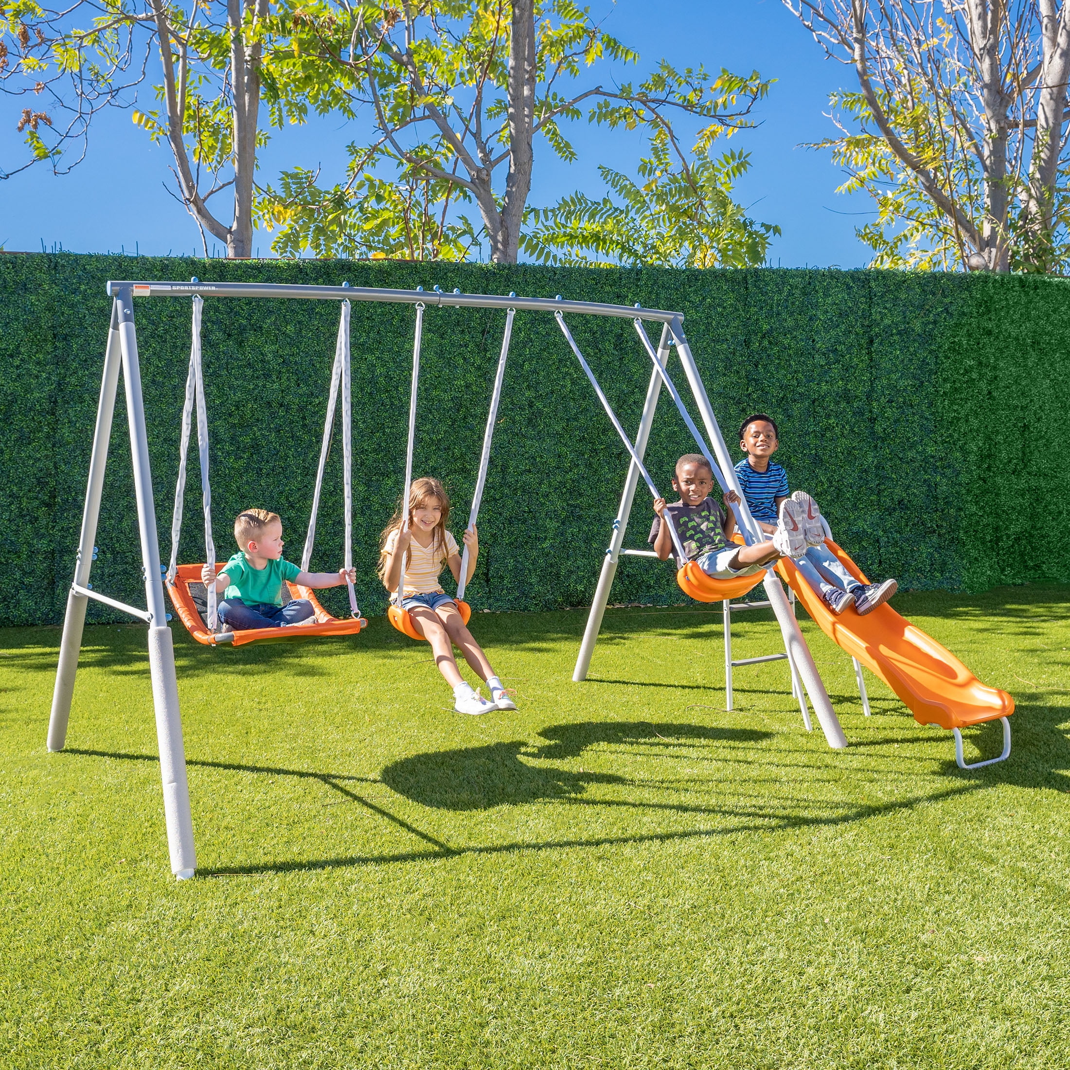 Sportspower Gladstone Metal Swing Set with Skyflyer and Slide (Blue, 5-Kid Capacity) 05eu0