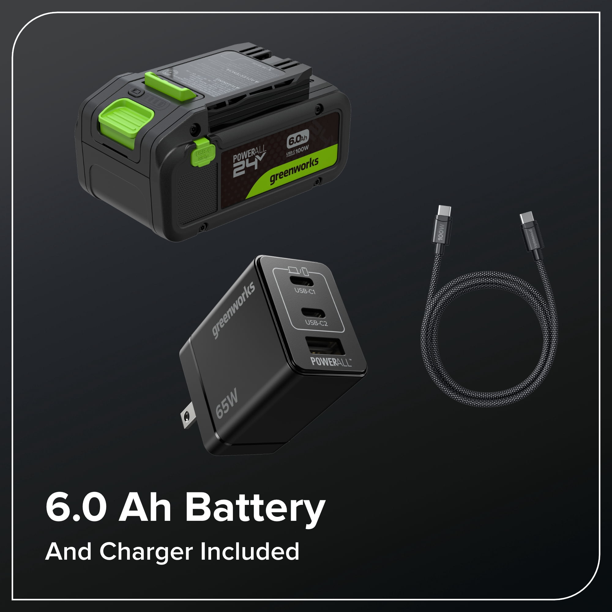Greenworks 24V 15-in Brushless String Trimmer with 6.0Ah Battery and 65W USB-C Charger (Green, 15-in) h387y