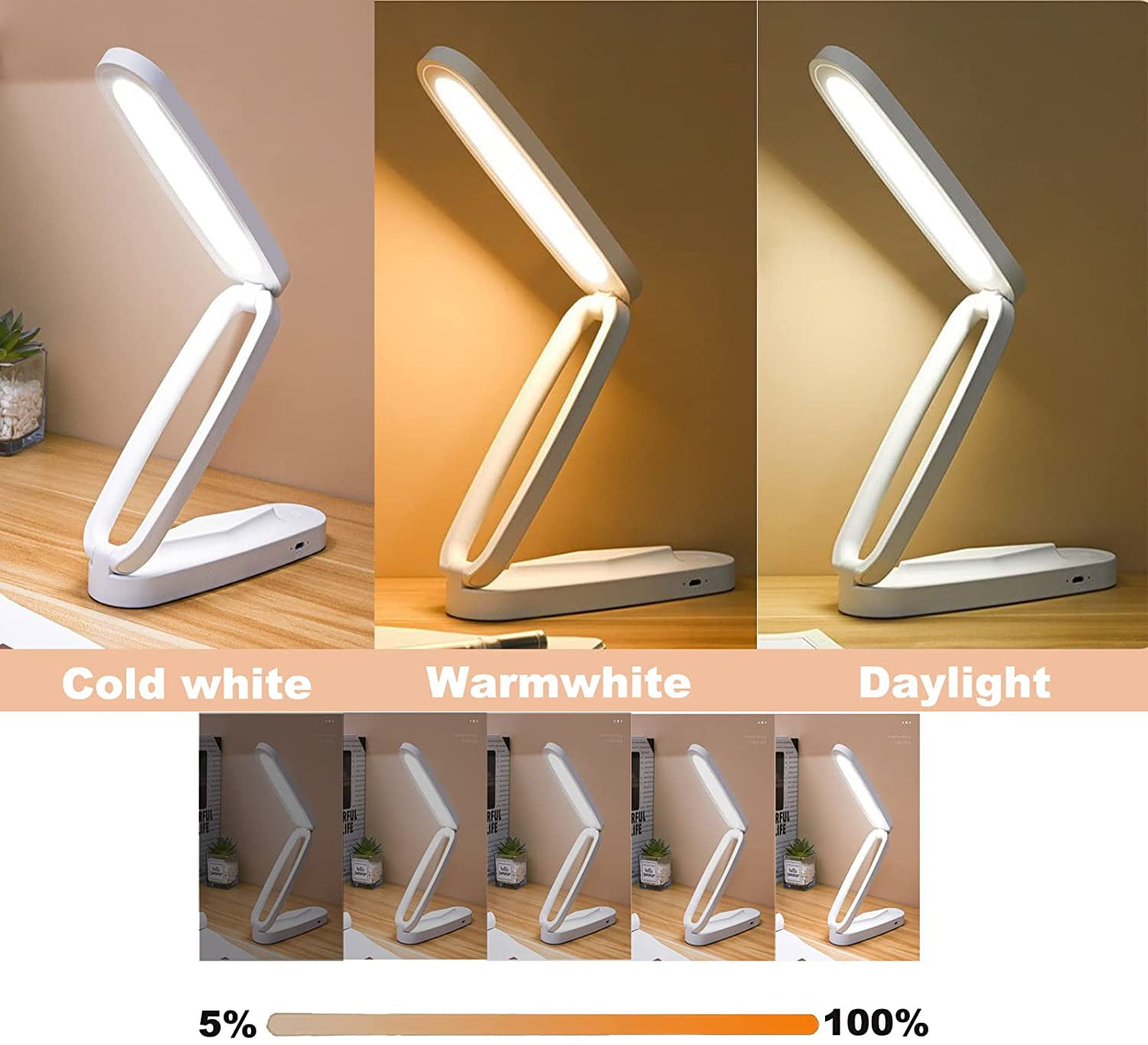 Totowood Foldable LED Desk Lamp, Eye-Caring Dimmable Reading Light with 3 Color Modes, Portable Rechargeable Table Lamp for Home and Office (White, 1 Unit) 8mc5k