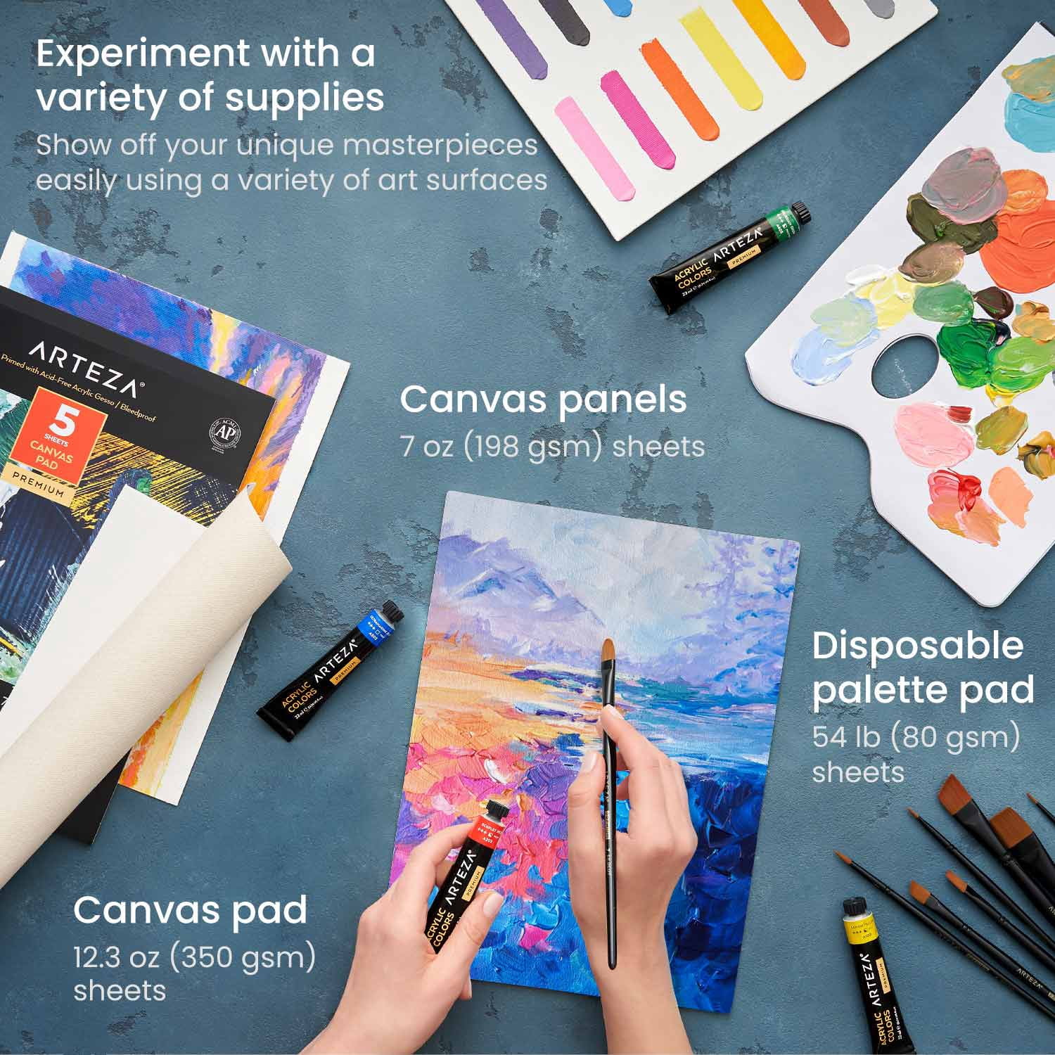 Arteza Essentials Tabletop Easel Art Set with Acrylic Paint, Brushes, and Canvas Pads (Brown, 1 Set) p7x7p