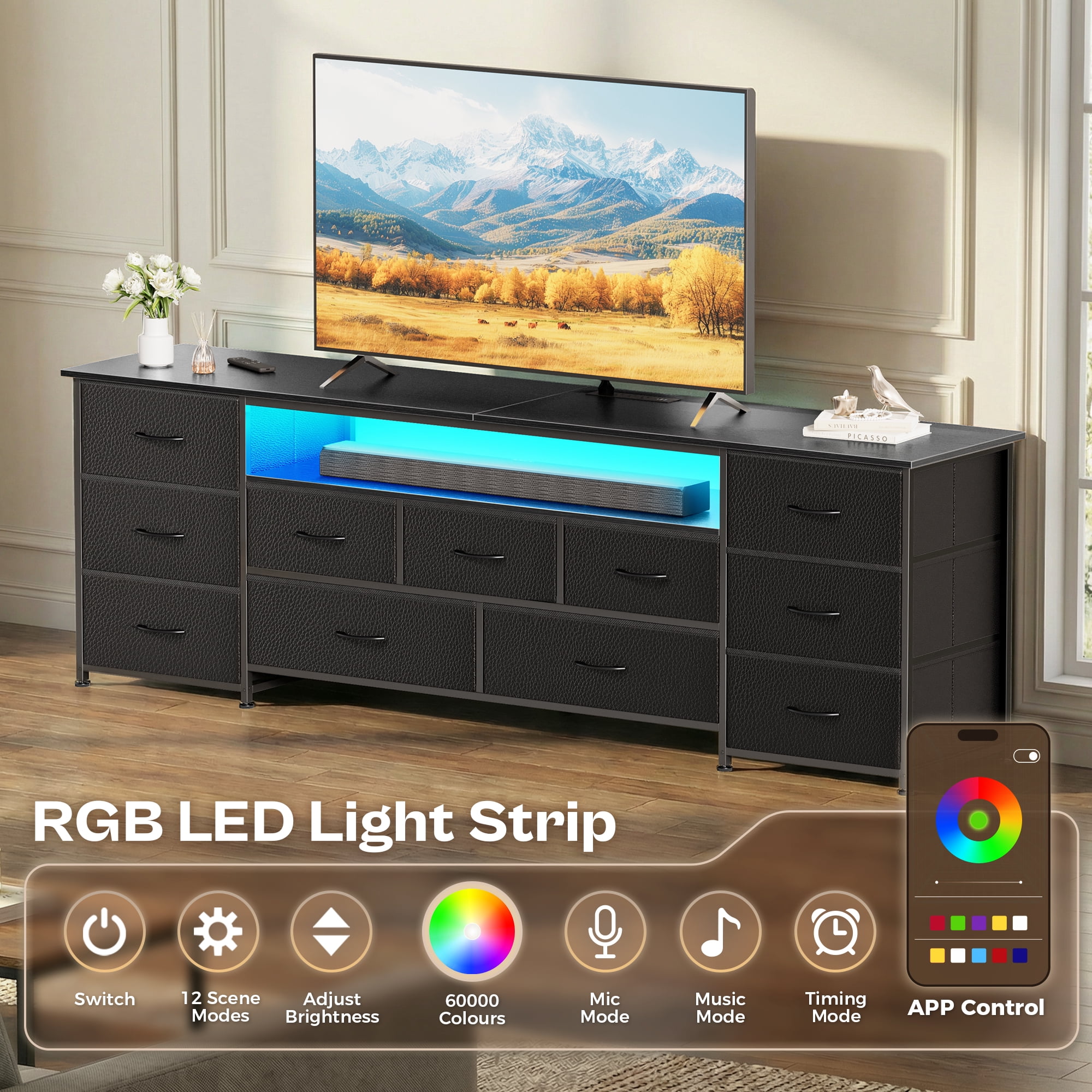 Amadwell Large TV Stand for 75 to 80 Inch TVs, Entertainment Center with 11 Drawers, LED Lights, and Power Outlets (Black, 70.9 in) dlmgi