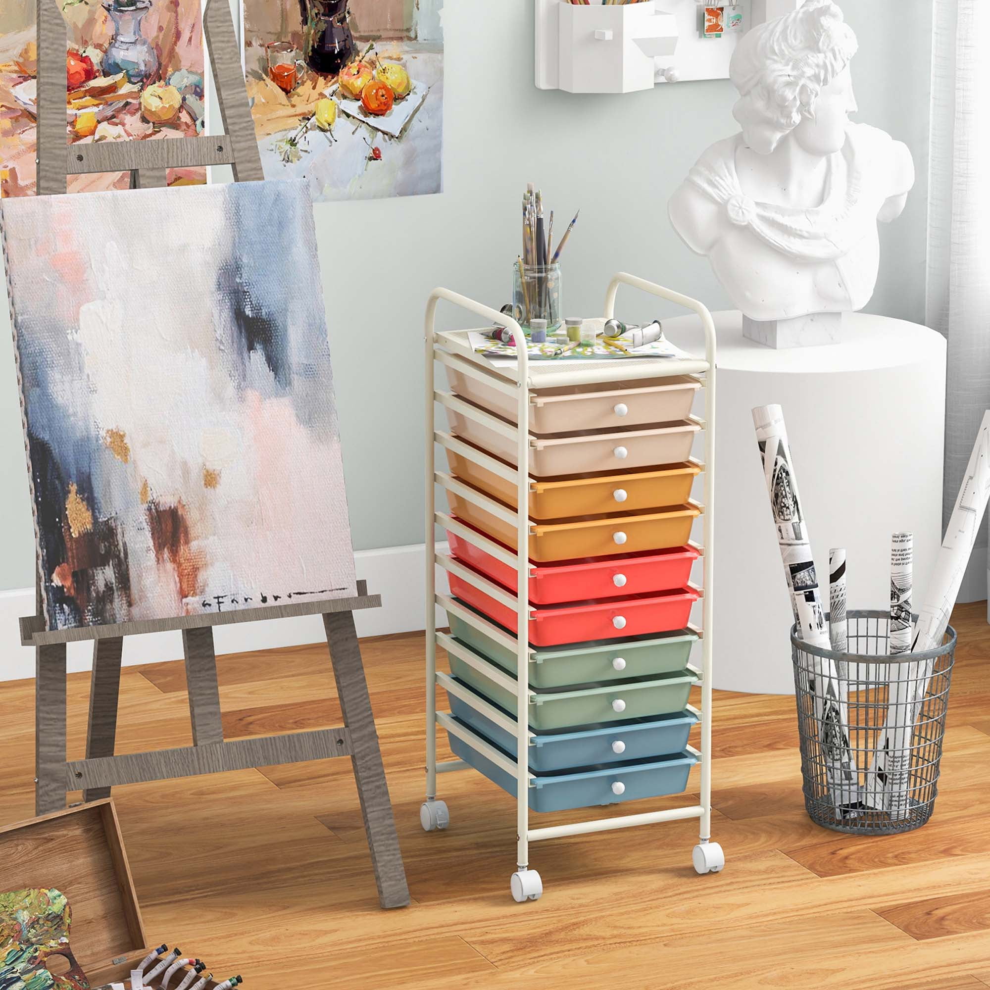 Costway 10 Drawer Rolling Storage Cart Mobile Organizer for Office School and Crafts (Macaron, 13 in x 15 in x 34 in) 5j3gh