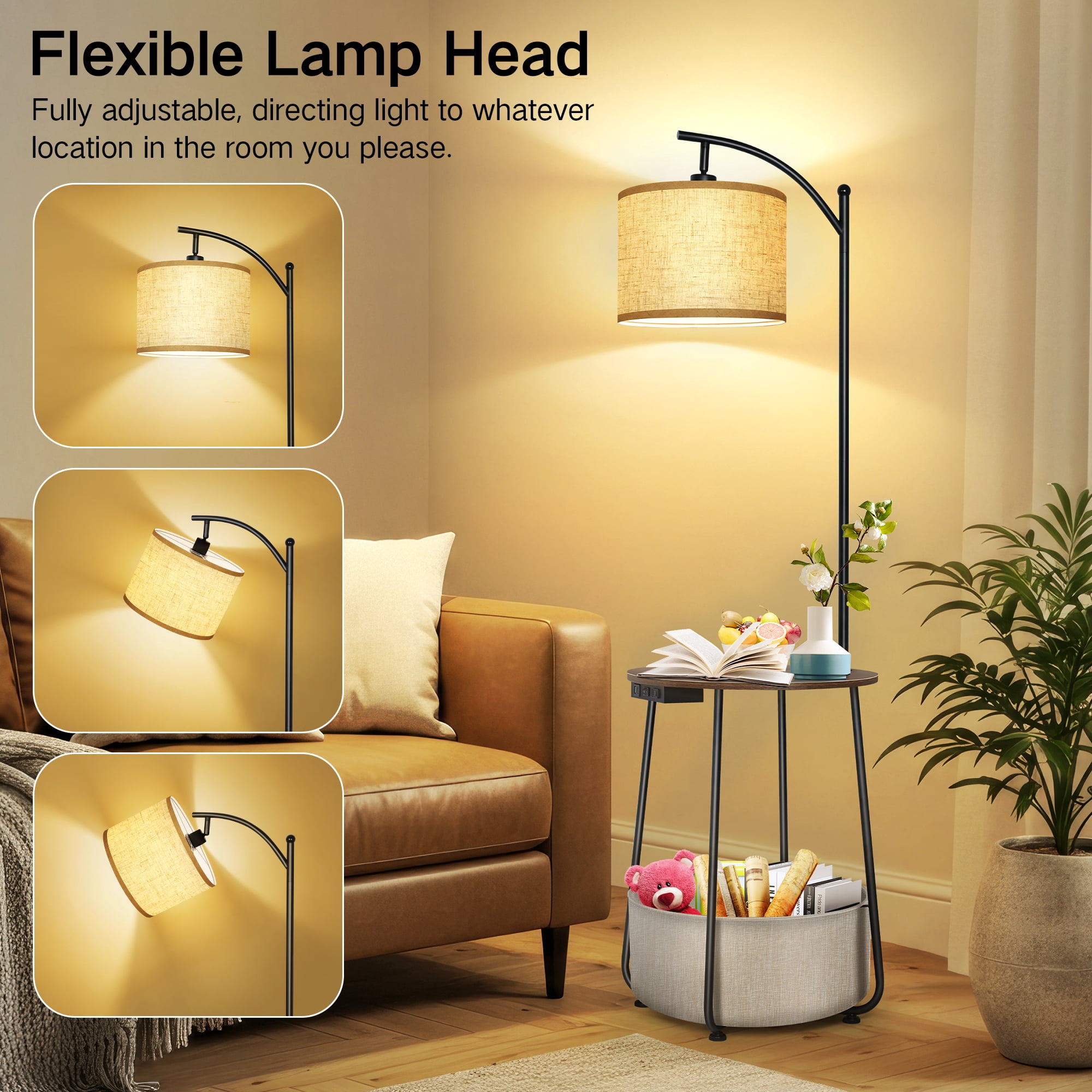 Outon Floor Lamp with Side Table, Dimmable LED Standing Lamp with USB-C Charging Port and Storage Shelf (Walnut, 61.4 in) 01dv6