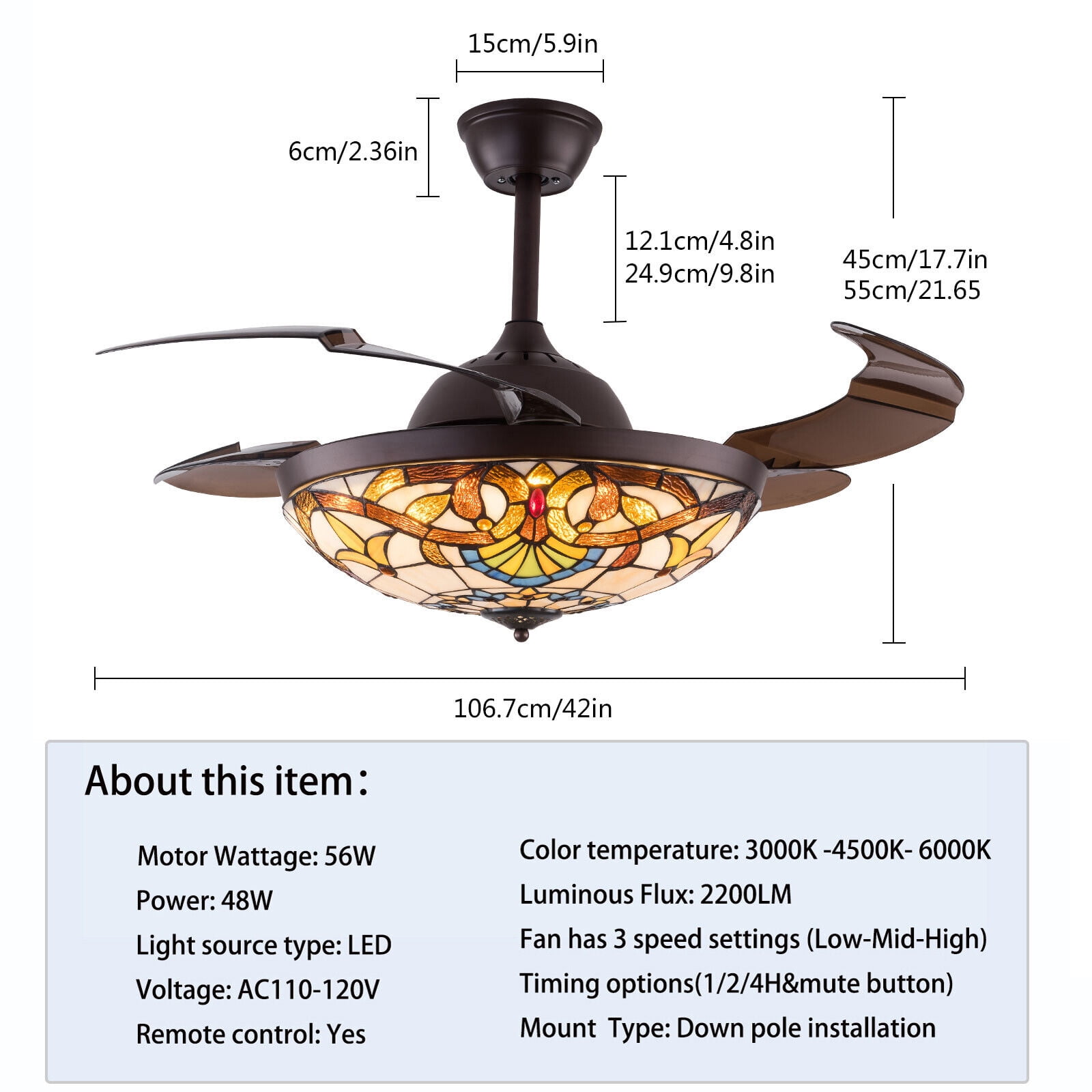 TFCFL 42 in Tiffany Ceiling Fan with LED Light and Retractable Blades (Multicolor, 42 in) or3w6