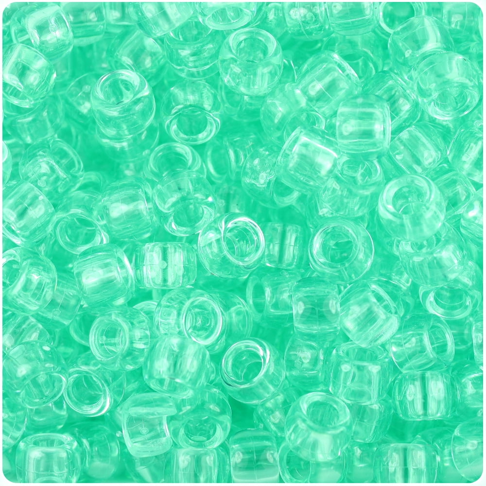 BeadTin Green Aqua Transparent Barrel Pony Beads (9mm, 500 Count) vyeq2