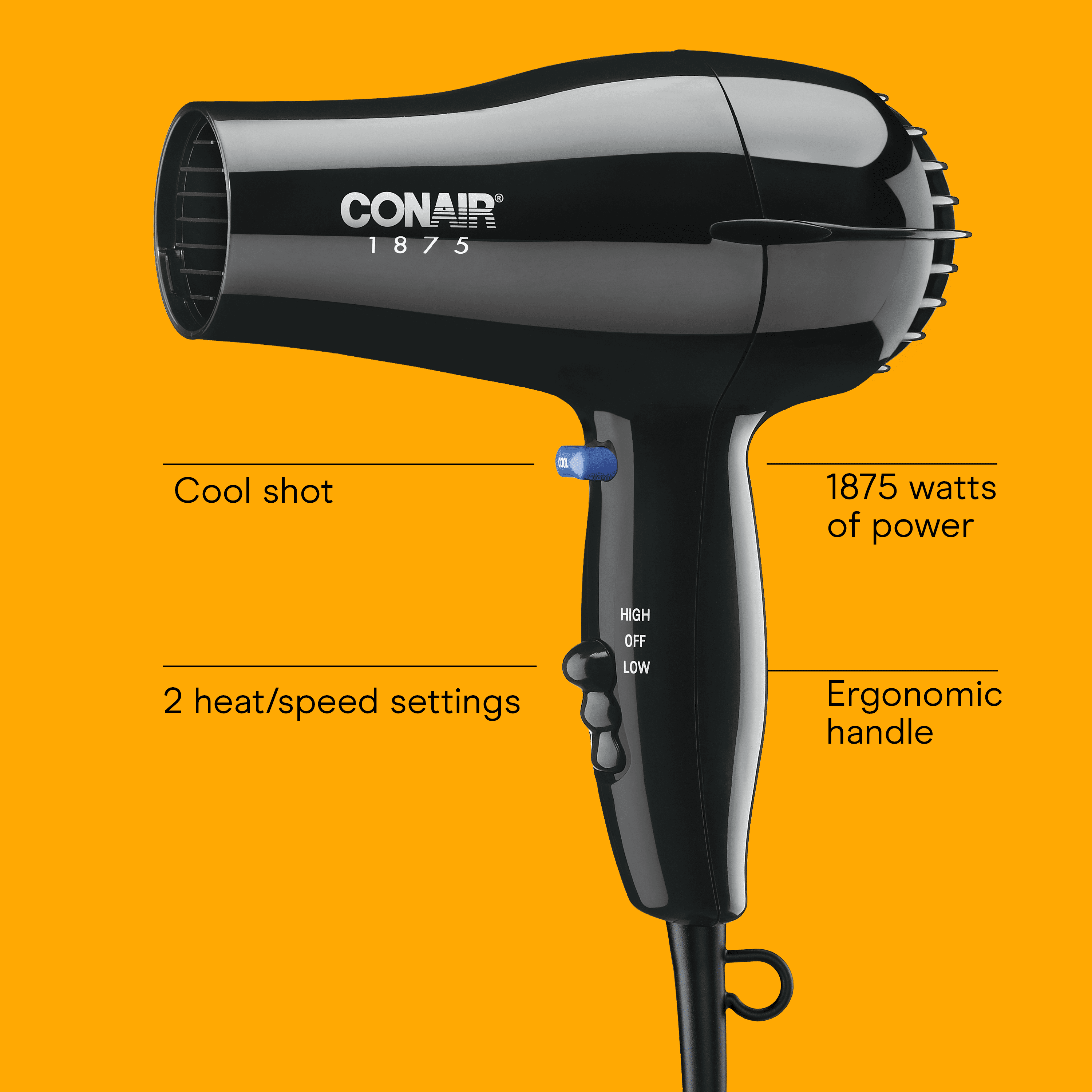 Conair Mid-Size Hair Dryer with Concentrator Attachment, Lightweight Ergonomic Design (Black) uh15v