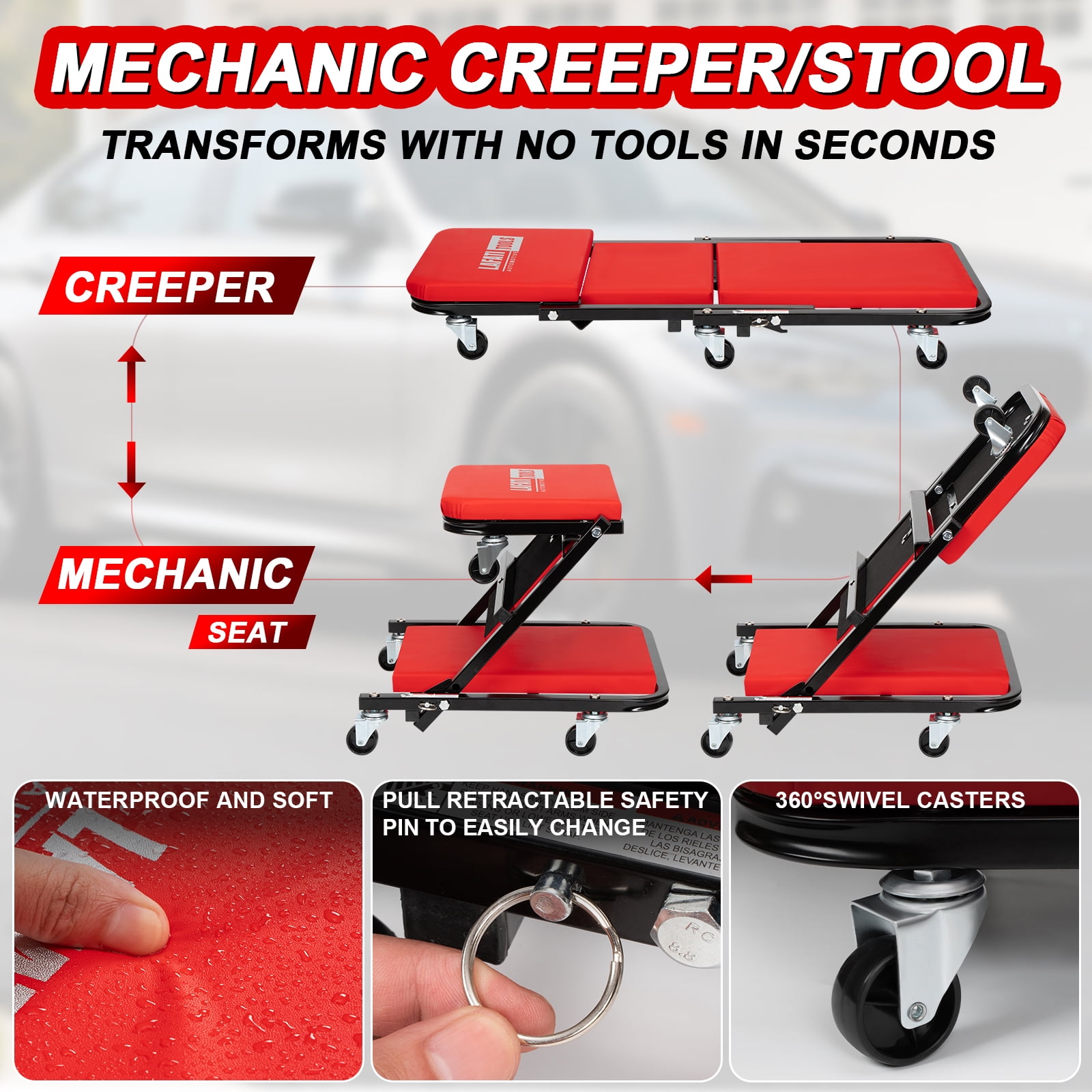 Lafati 2-in-1 Foldable Mechanic Creeper and Rolling Work Stool, Heavy-Duty Steel Frame with 6 Smooth-Rolling Casters (Red, 36 in) i28yv