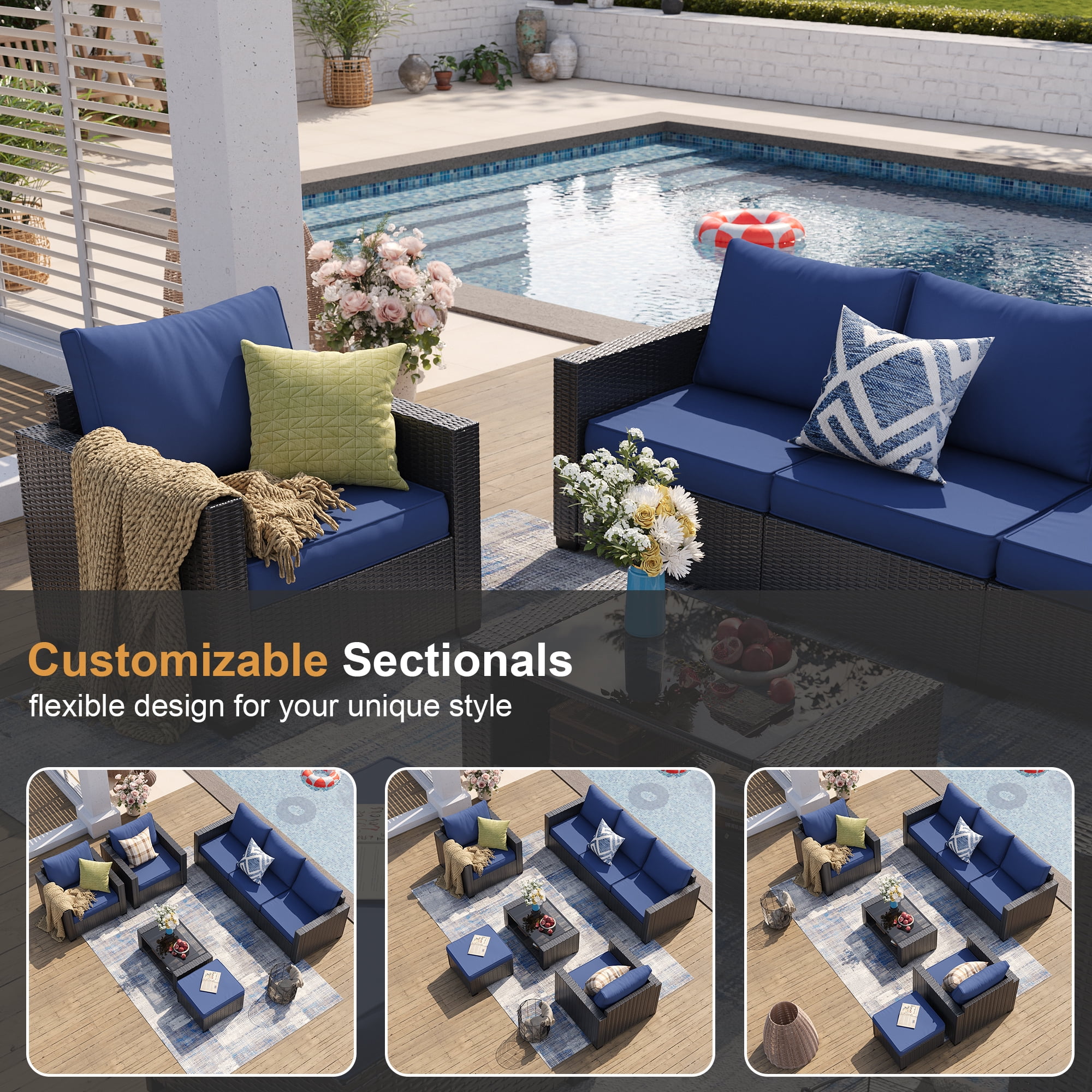 Gasee 7-Piece Outdoor Patio Furniture Set, Rattan Sectional Sofa with Coffee Table (Navy Blue, 7 Pieces) kw1mu