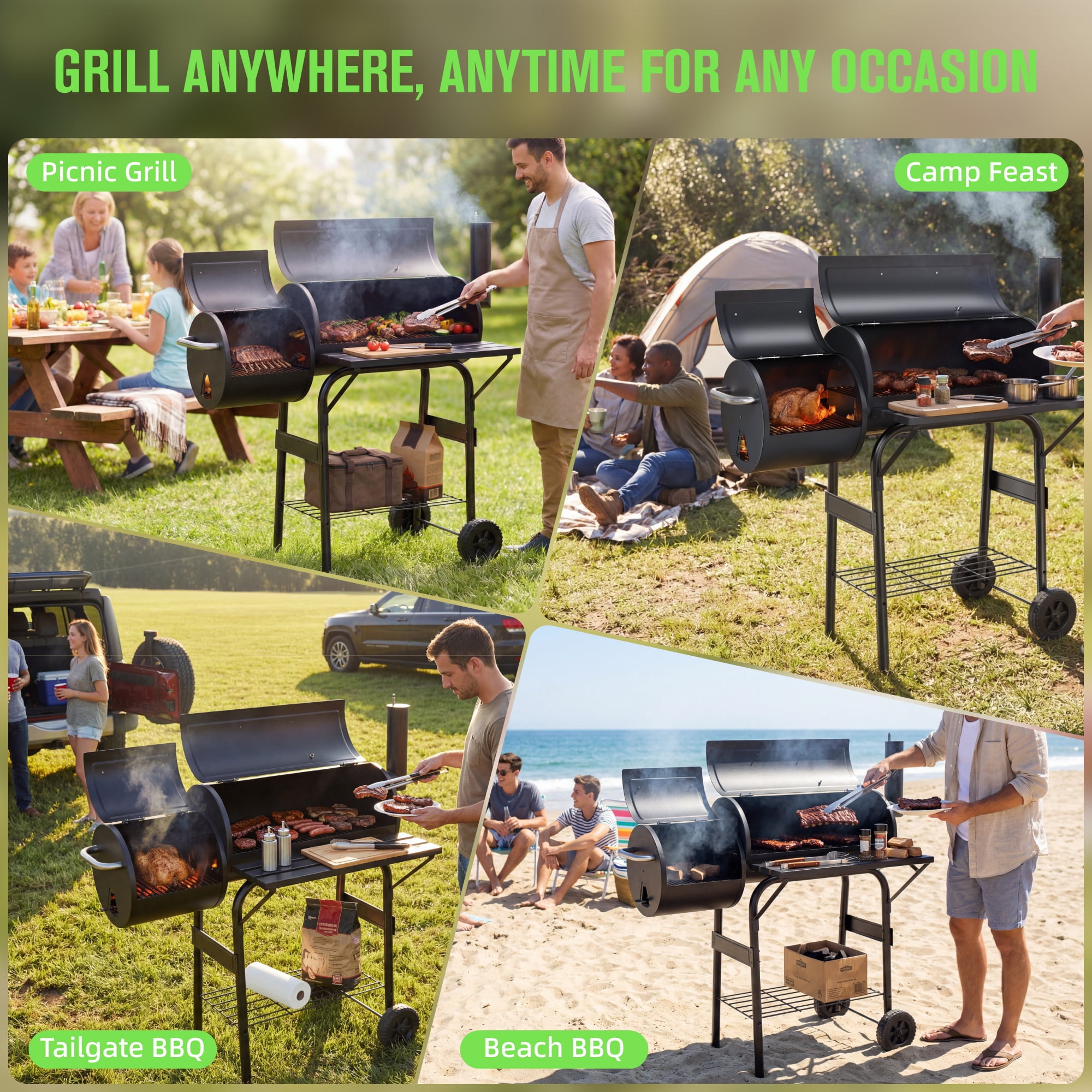 Vebreda Charcoal Grill with Offset Smoker, Heavy-Duty BBQ Barrel Grill for Outdoor Patio Cooking (Black, 44 in) ob4sj
