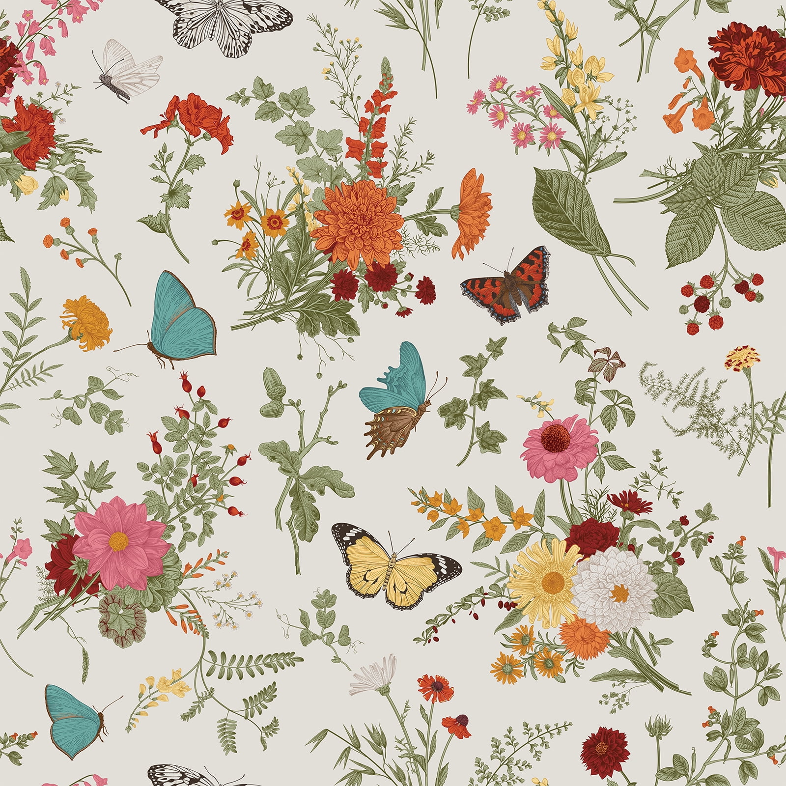 VEELIKE Floral Peel and Stick Wallpaper Vintage Butterflies Marigolds Self-Adhesive Contact Paper for Home Decor (Multi-color, 17.7 in x 118 in) 9ccgs