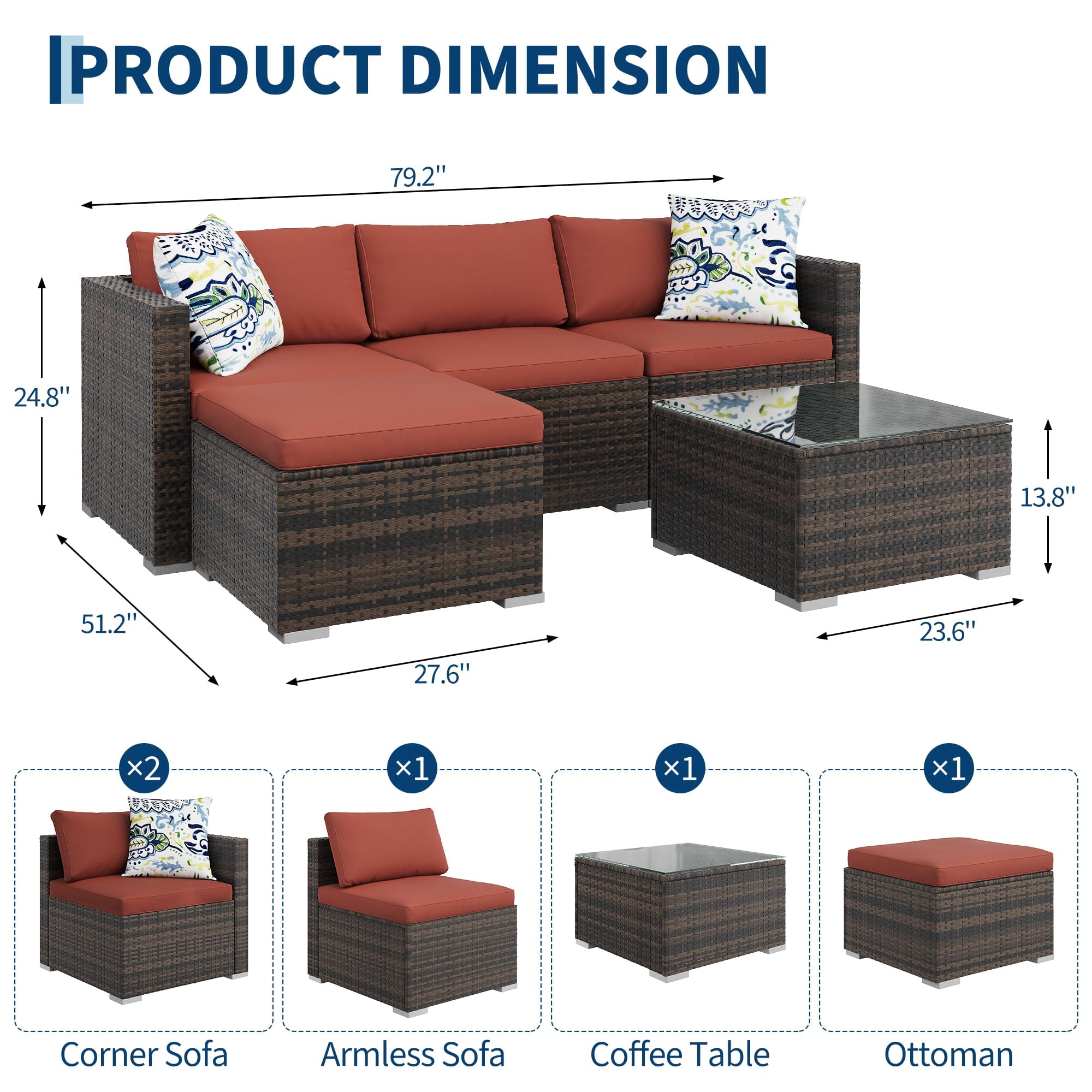 EliteEdge 5-Piece All-Weather PE Rattan Patio Sofa Set, Modular Outdoor Furniture with Tempered Glass Table and Waterproof Cushions (Brown Rattan, Light Grey Cushion, 5-Piece Set) i6xq3