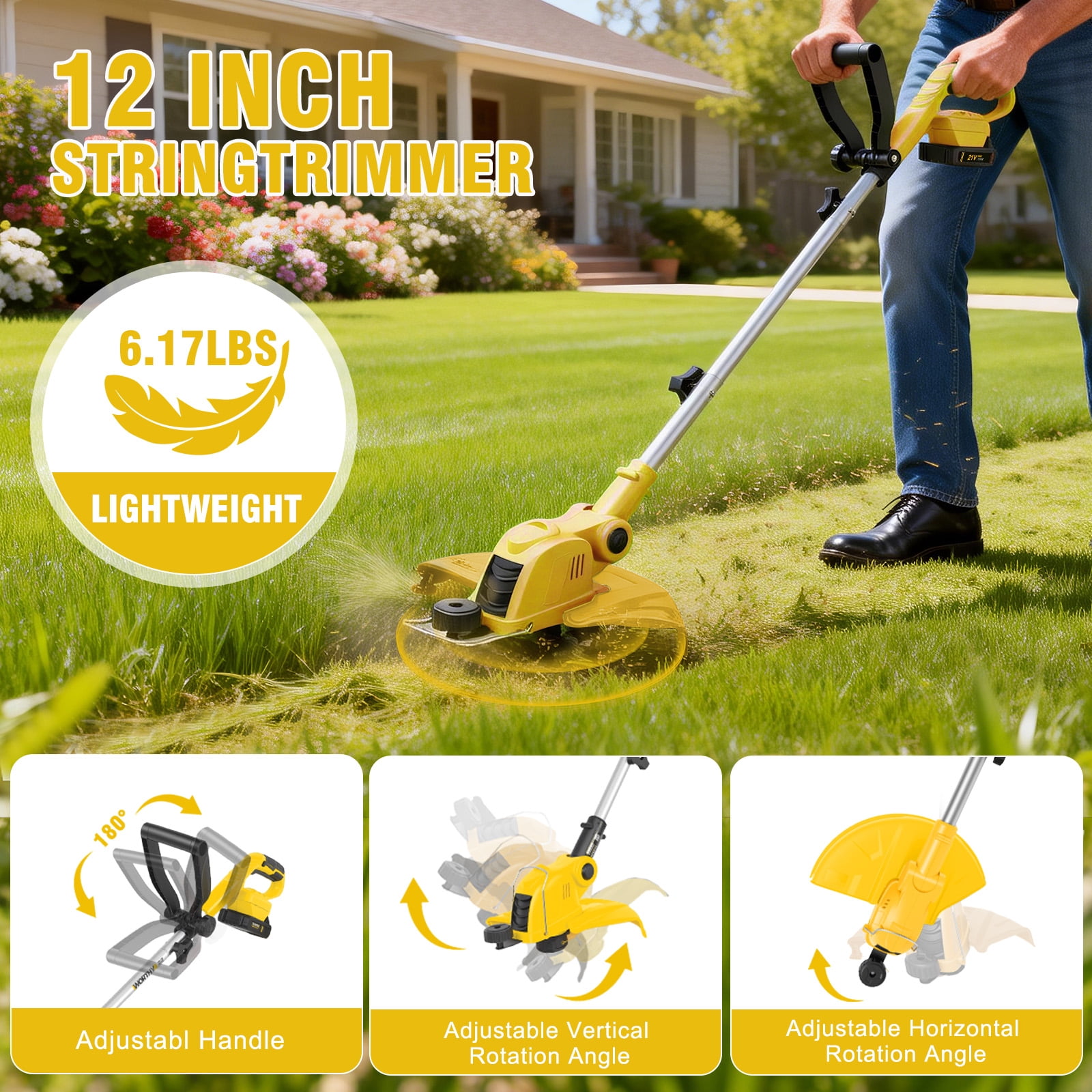 CATGOOD 21V Cordless Electric String Trimmer and Lawn Edger with 2 Batteries and Fast Charger (Yellow, 12 in) ev9ds