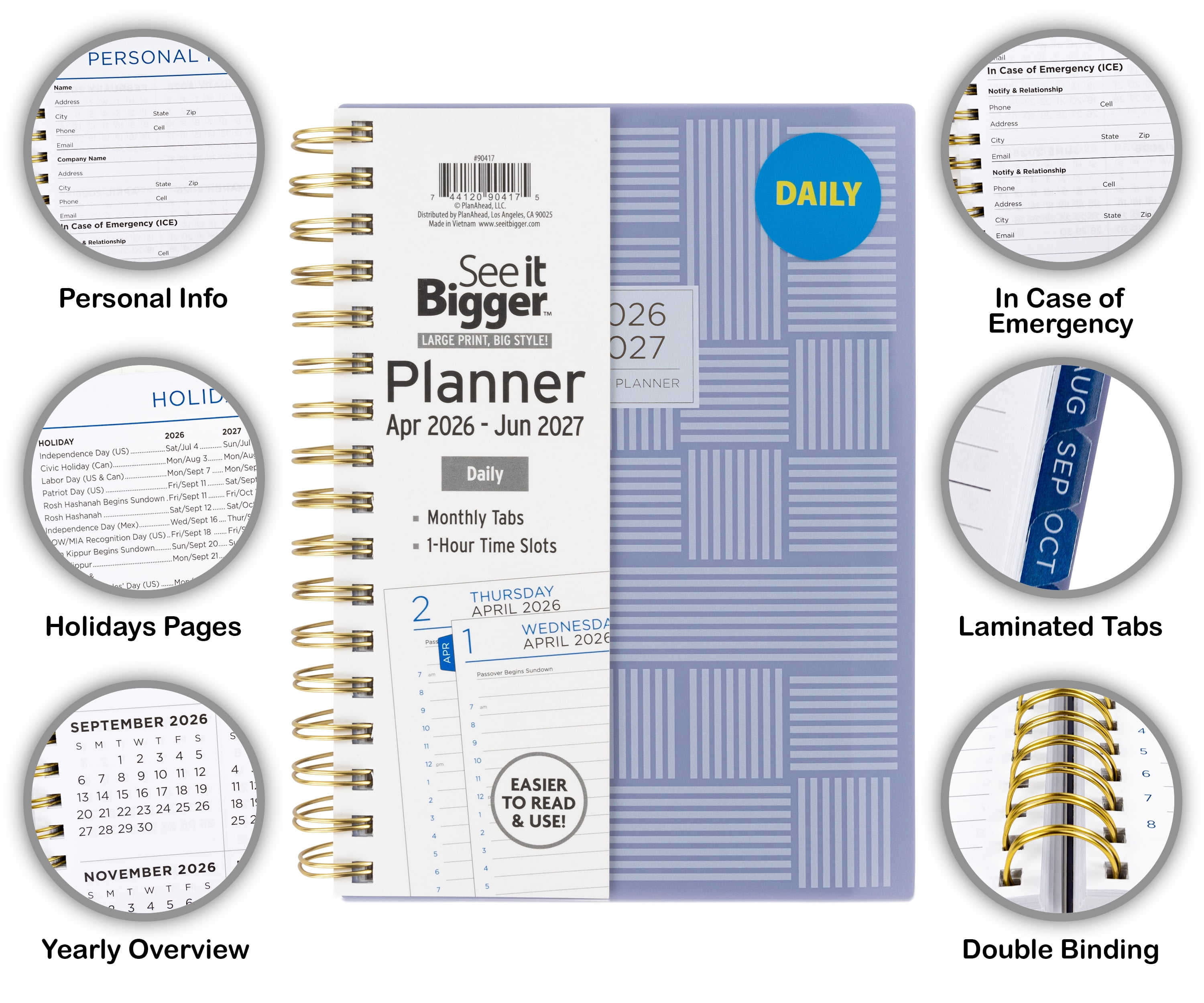 SEE IT BIGGER Daily Planner, 15-Month Appointment Book, Easy-to-Read Large Font (Grey, 6.25 in x 8.75 in) a8r08