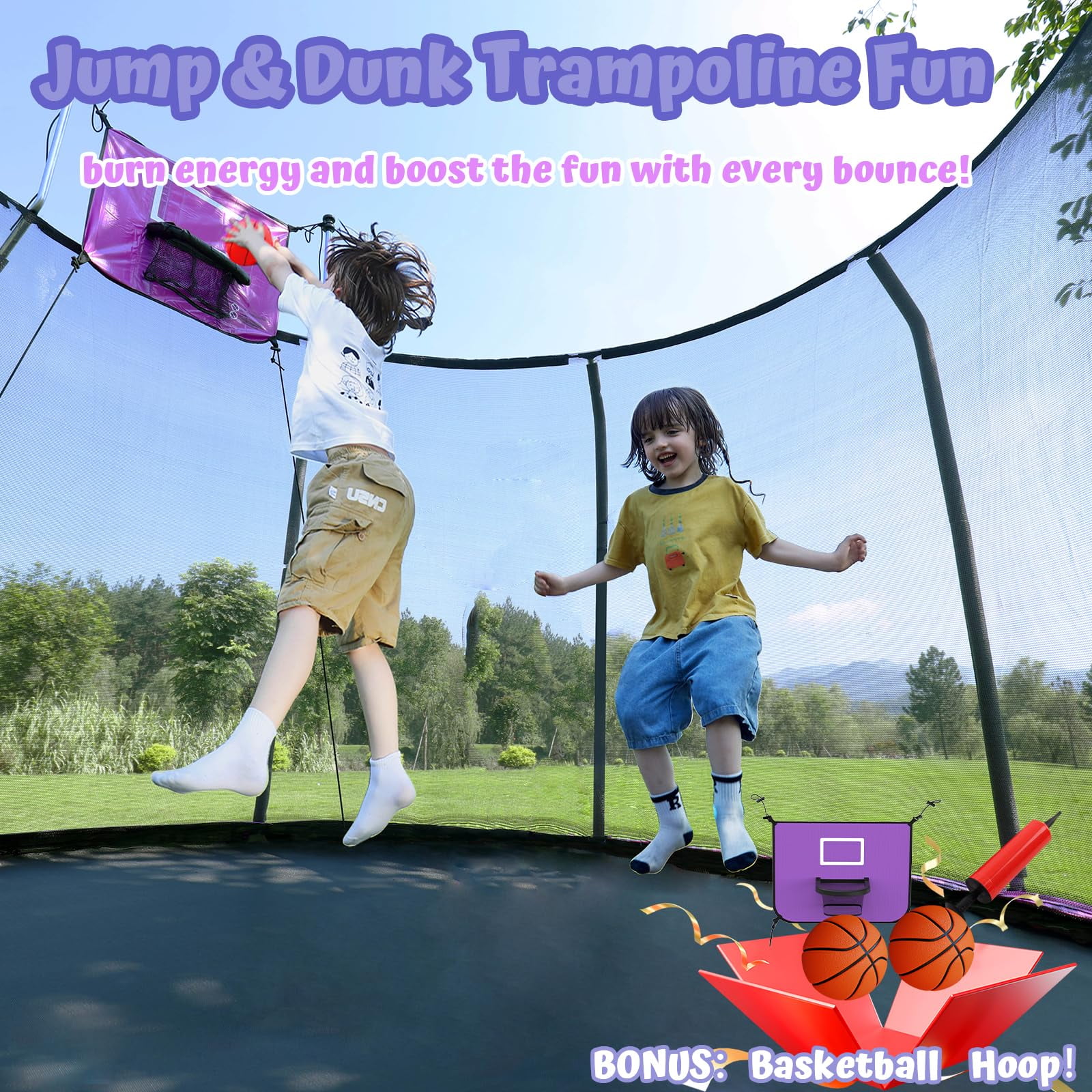 ACWARM HOME 15 ft Recreational Trampoline with Basketball Hoop and LED Lights (Purple, 15 ft) iehxv