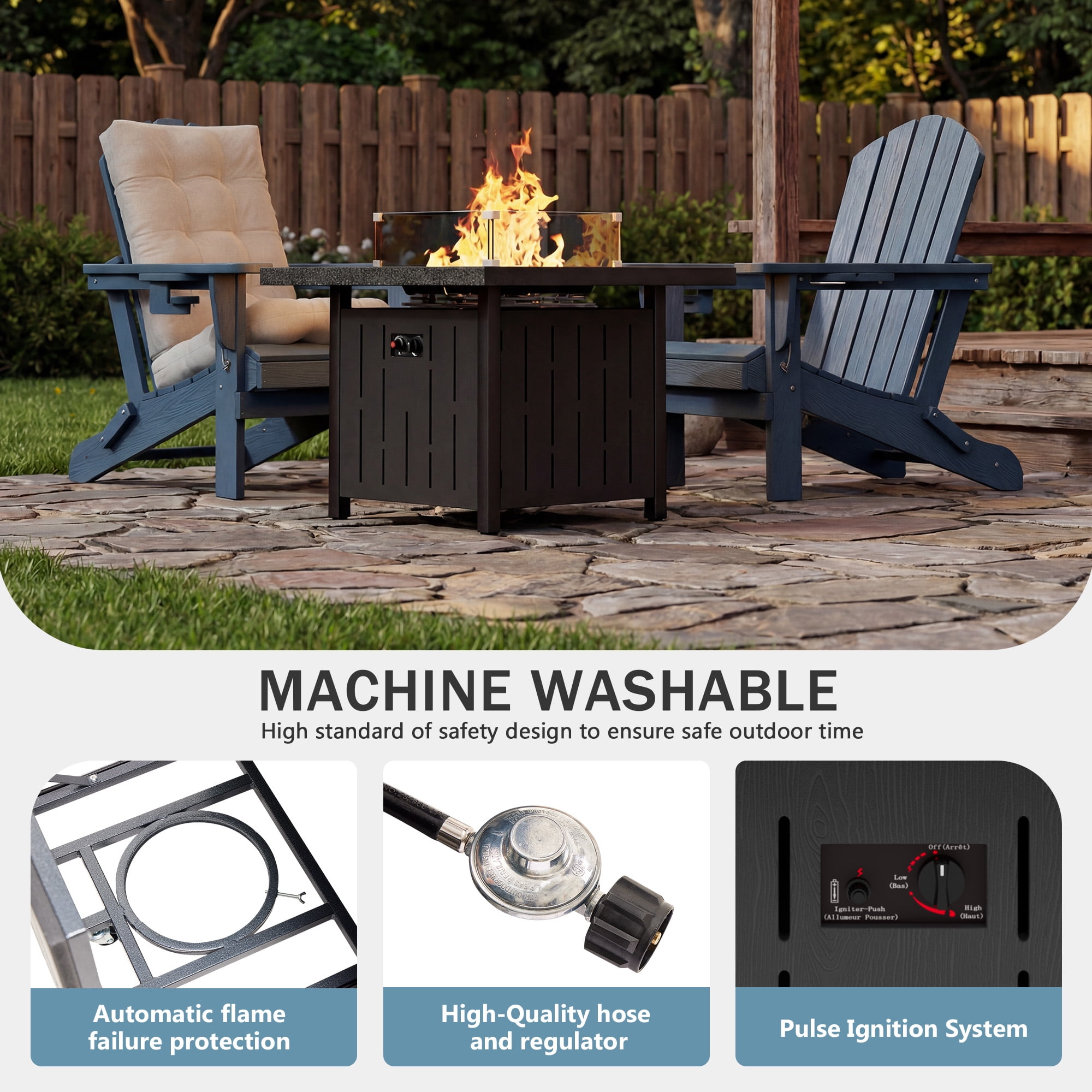 SERWALL 33 in Square Propane Fire Pit Table with Glass Wind Guard and Lid (Black, 50,000 BTU) s92h0