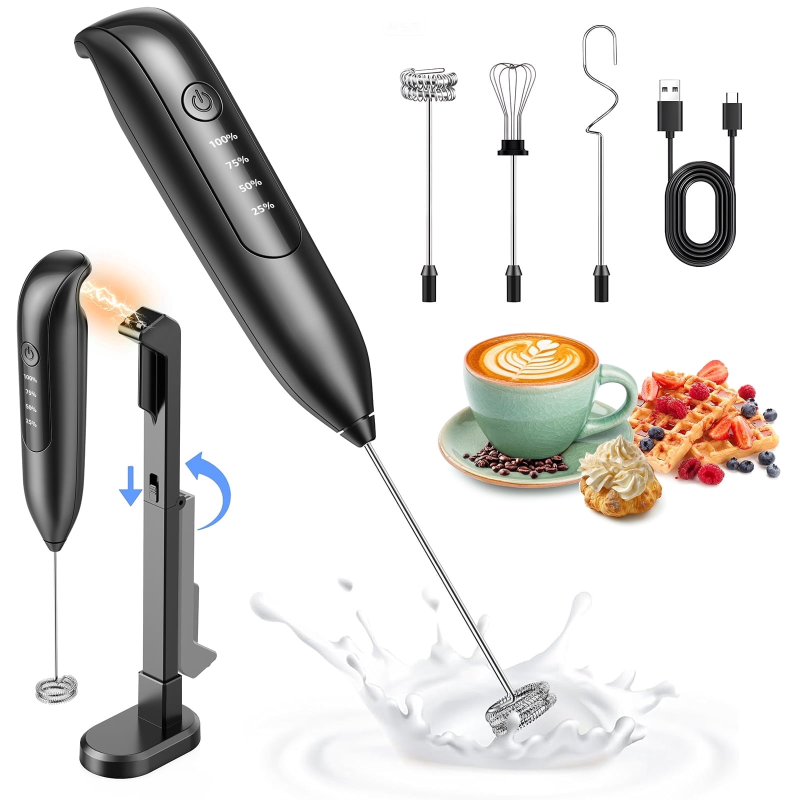 Skdwakiz Electric Milk Frother Handheld Rechargeable Wand with 3 Whisks, LED Display & Magnetic Stand (Black, 1 Unit) 5heaa