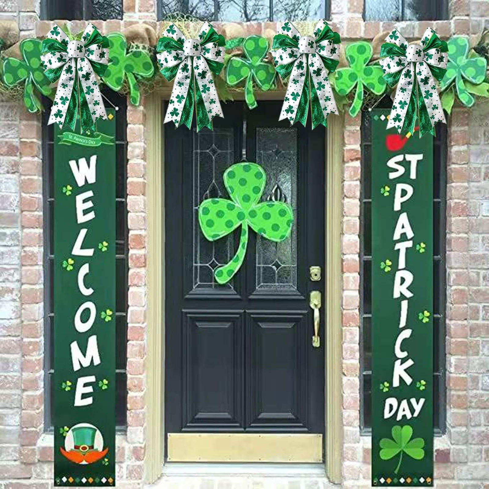 Dserhfy St. Patrick's Day Shamrock Bow Large Glitter Ribbon Decor for Wreath and Tree Topper (White and Green, 17.8 in x 11.5 in) tldru