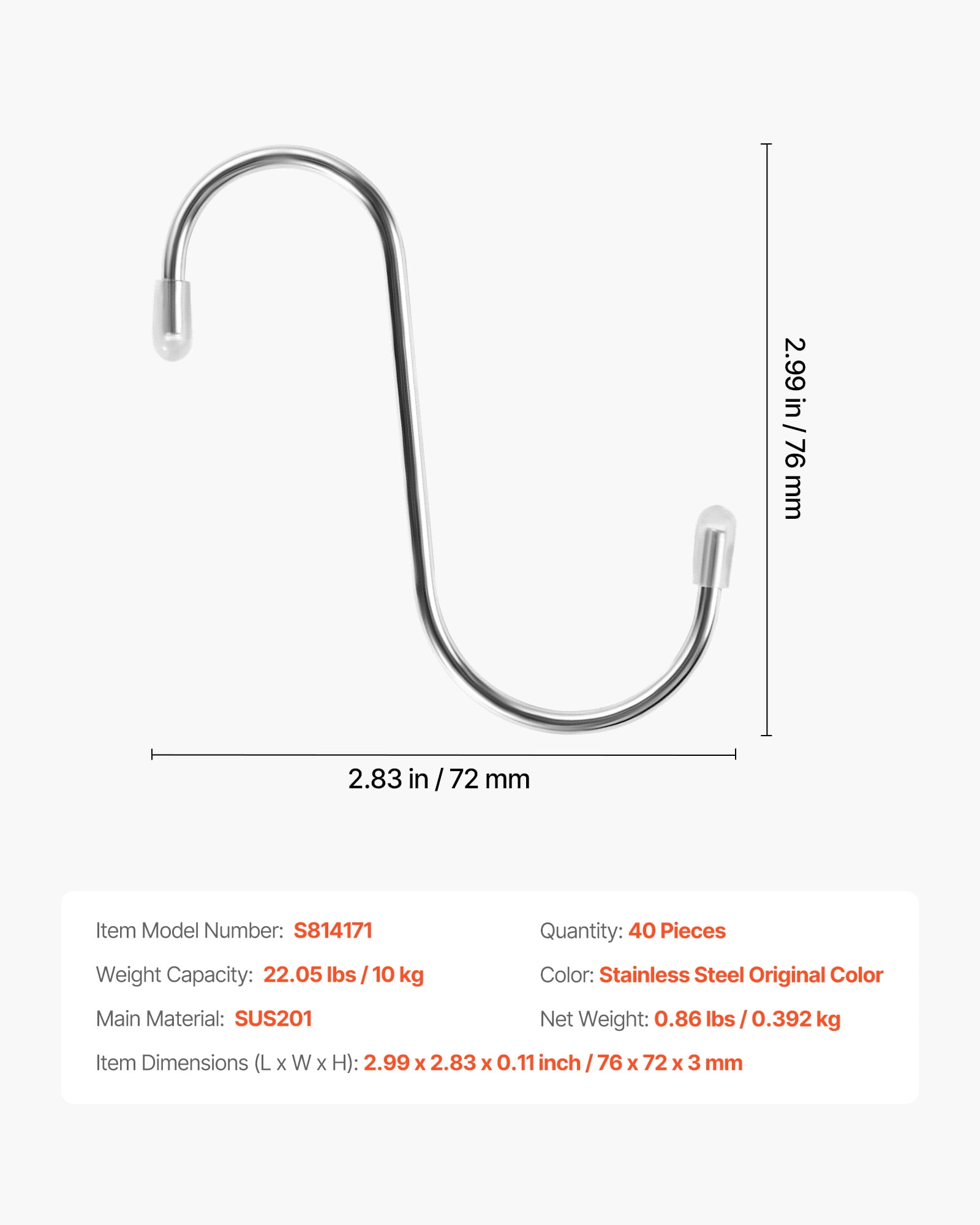 VEVOR S Hooks Heavy Duty Stainless Steel Hanging Hangers for Kitchen and Closet (Silver, 40 Pack, 3.4 in) yc0zg