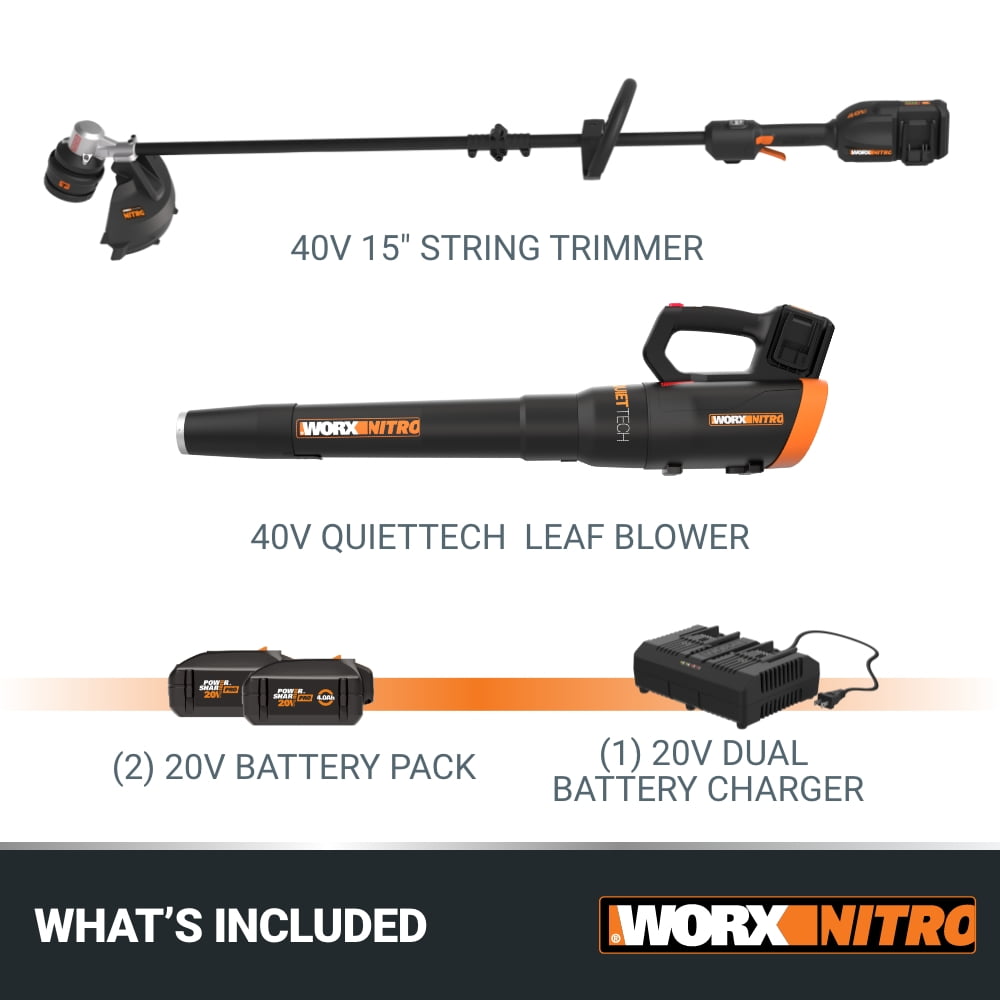 Worx Nitro 40V Quiet Tech Leaf Blower and 15 in Cordless String Trimmer Combo Kit (Black, 2-Piece Set) 1pbq0