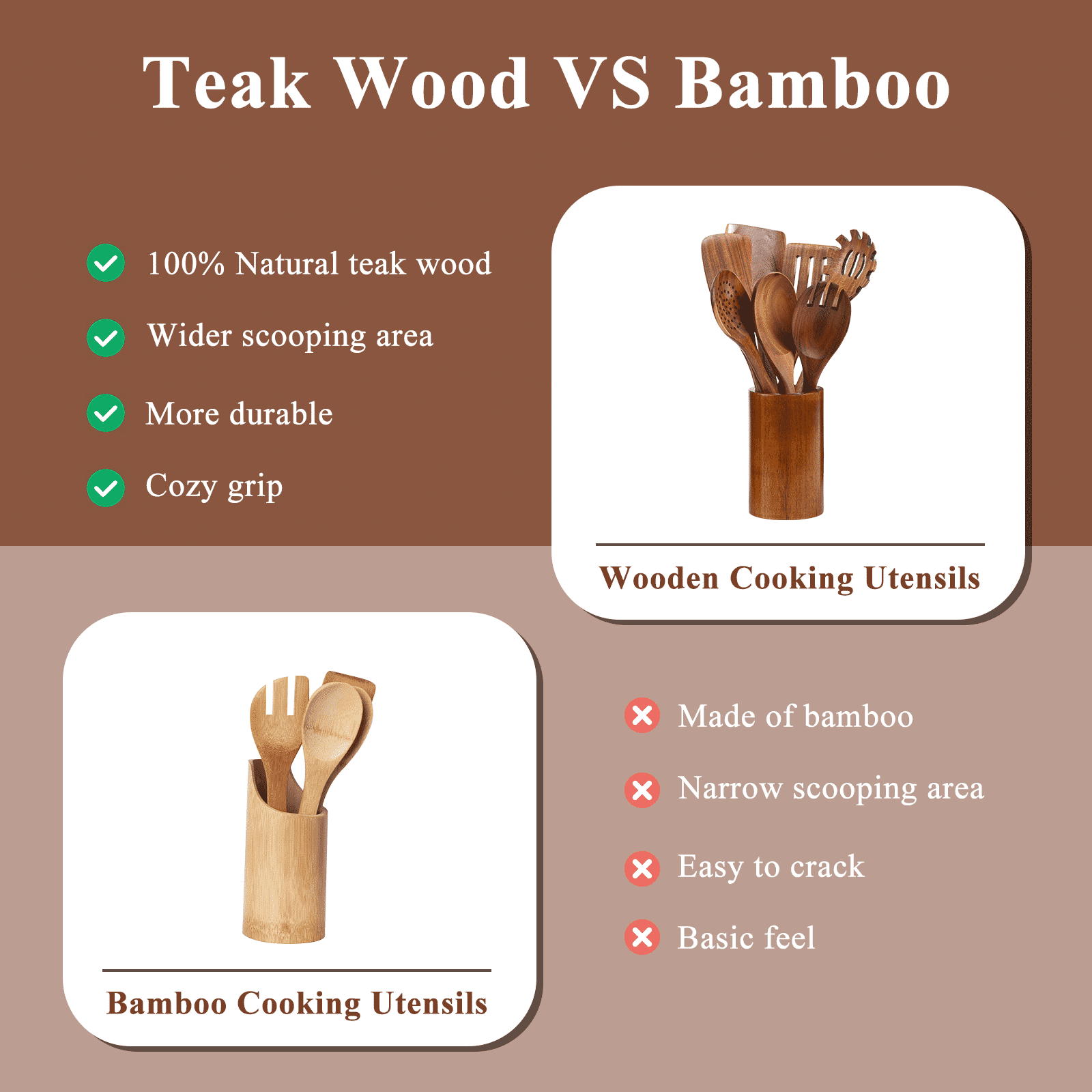 VAVSEA Natural Teak Wooden Cooking Utensils Set, Heat Resistant Non-Stick Kitchen Tools (8 Piece Set) 9fvzf