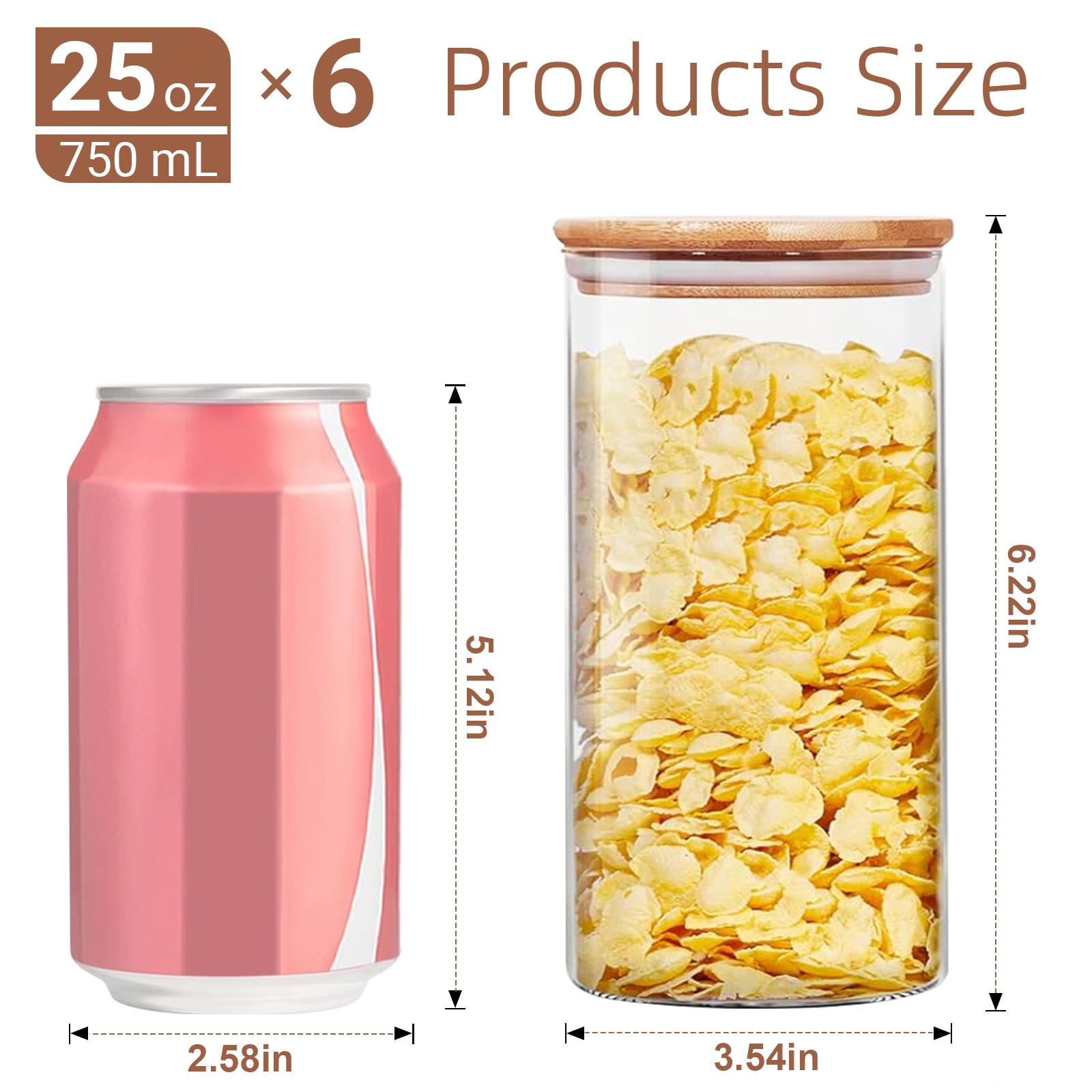 Foukus Glass Food Storage Containers with Bamboo Lids, Airtight Pantry Organizer for Dry Goods (Clear, 6 Pack, 25 oz) 4jhnn