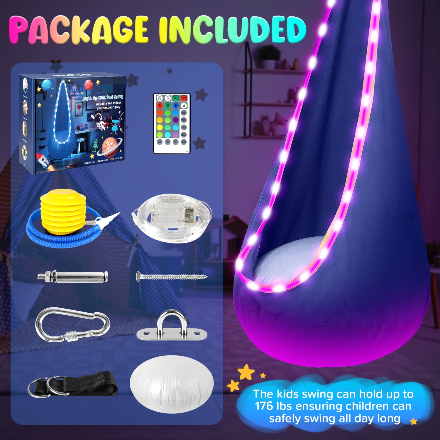 UQN Kids Pod Swing Seat, LED Light Up Hanging Hammock Chair with Inflatable Pillow, Sensory Swing for Indoor and Outdoor Use (176 lb Capacity) svgl9