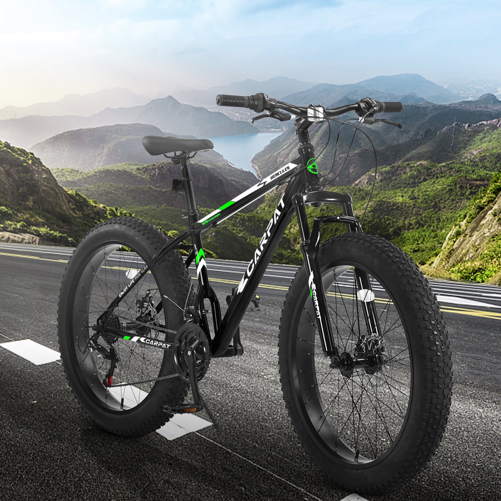 Track 7 26-Inch Fat Tire Mountain Bike, High-Carbon Steel Frame, 21-Speed Shimano Drivetrain, Dual Disc Brakes (Black, 26 in) n7qmk