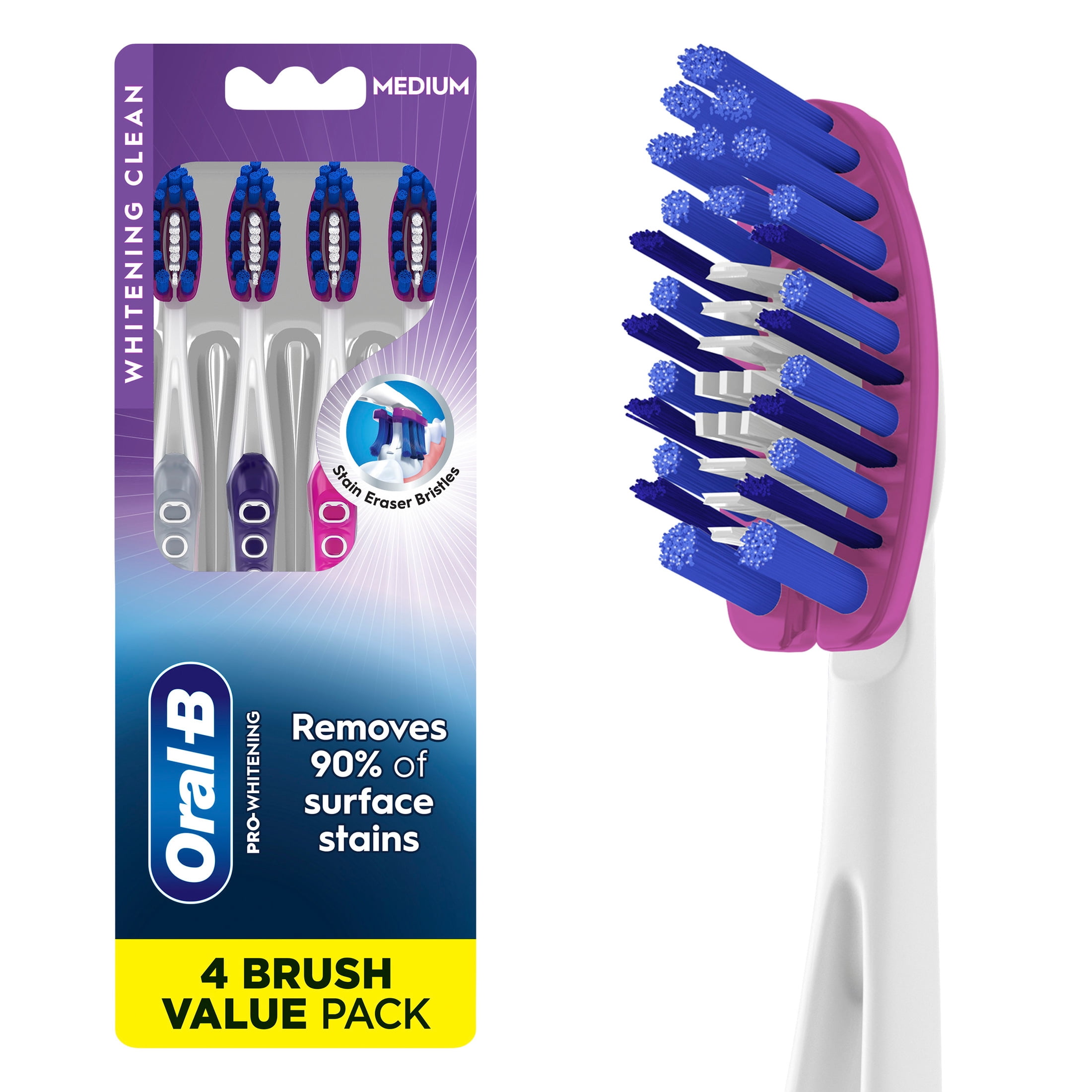 Oral-B Pro-Whitening Manual Toothbrush with Stain Eraser (Medium, 4 Count) 4jv99