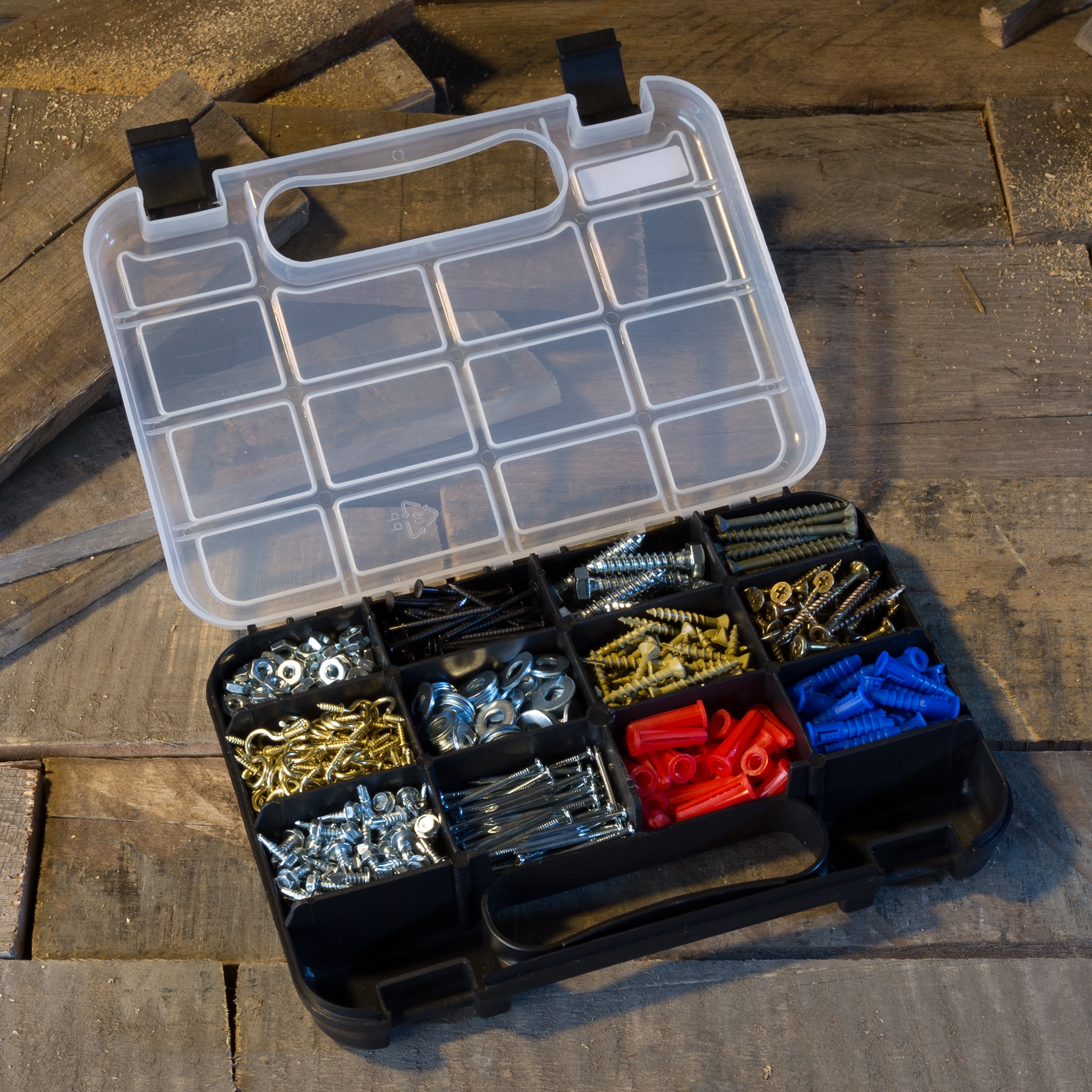 Wakeman Portable Hardware Organizer Case with 14 Compartments and Secure Latches (Black, 9.75 in x 7 in x 1.75 in) mkbdv