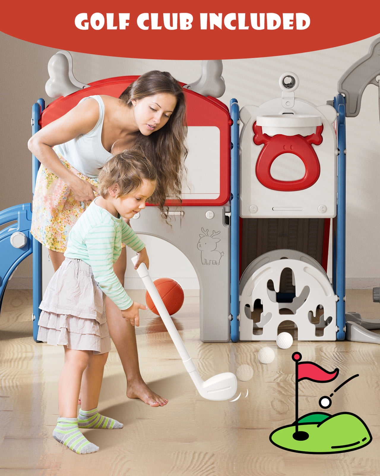 YUFU 13-in-1 Toddler Slide and Swing Set with Basketball Hoop and Drawing Board (Red, 82 in x 62 in x 41.3 in) djqu8