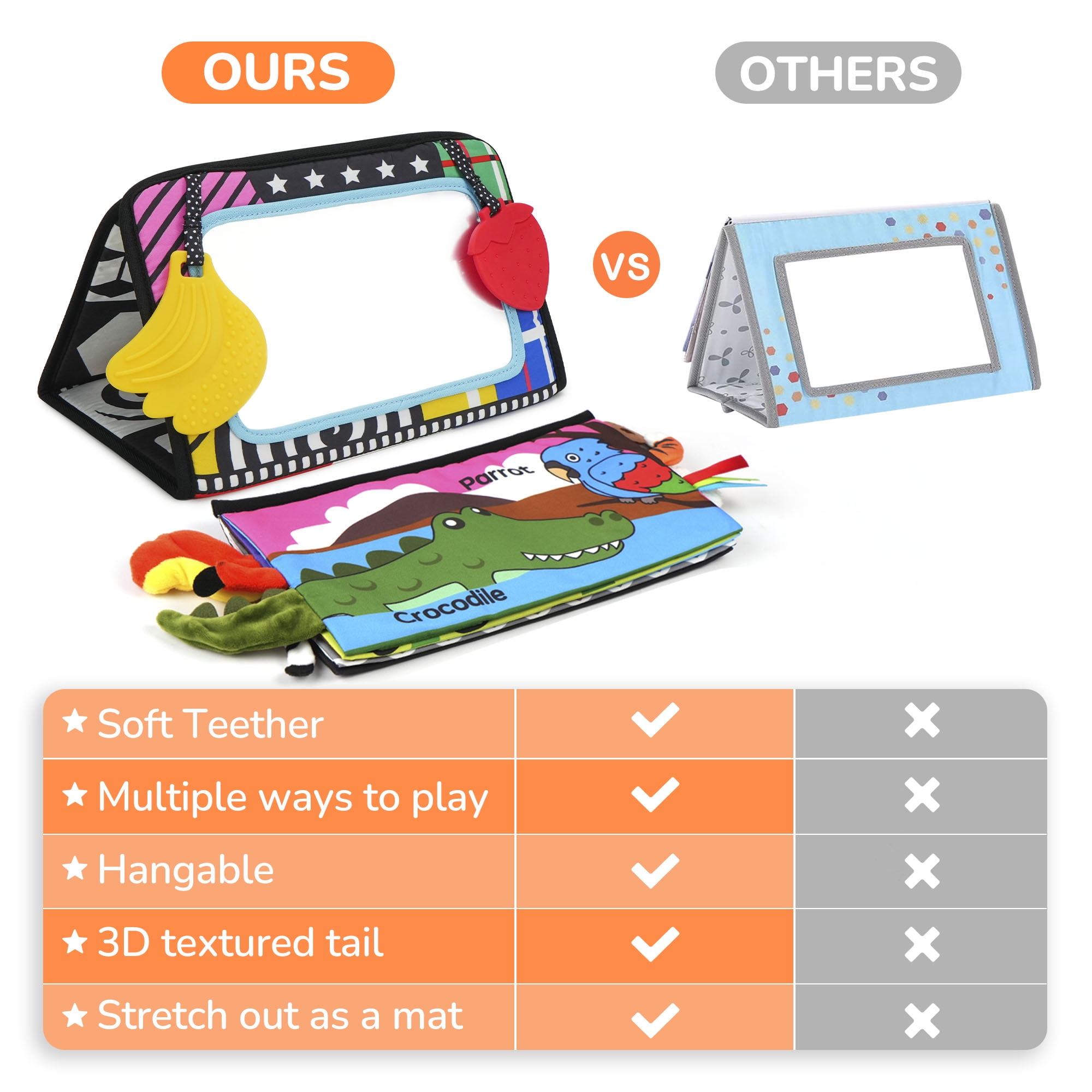 LotFancy Baby Tummy Time Mirror and Crinkle Cloth Book Set (Black and White, 2 Piece Set) l785z