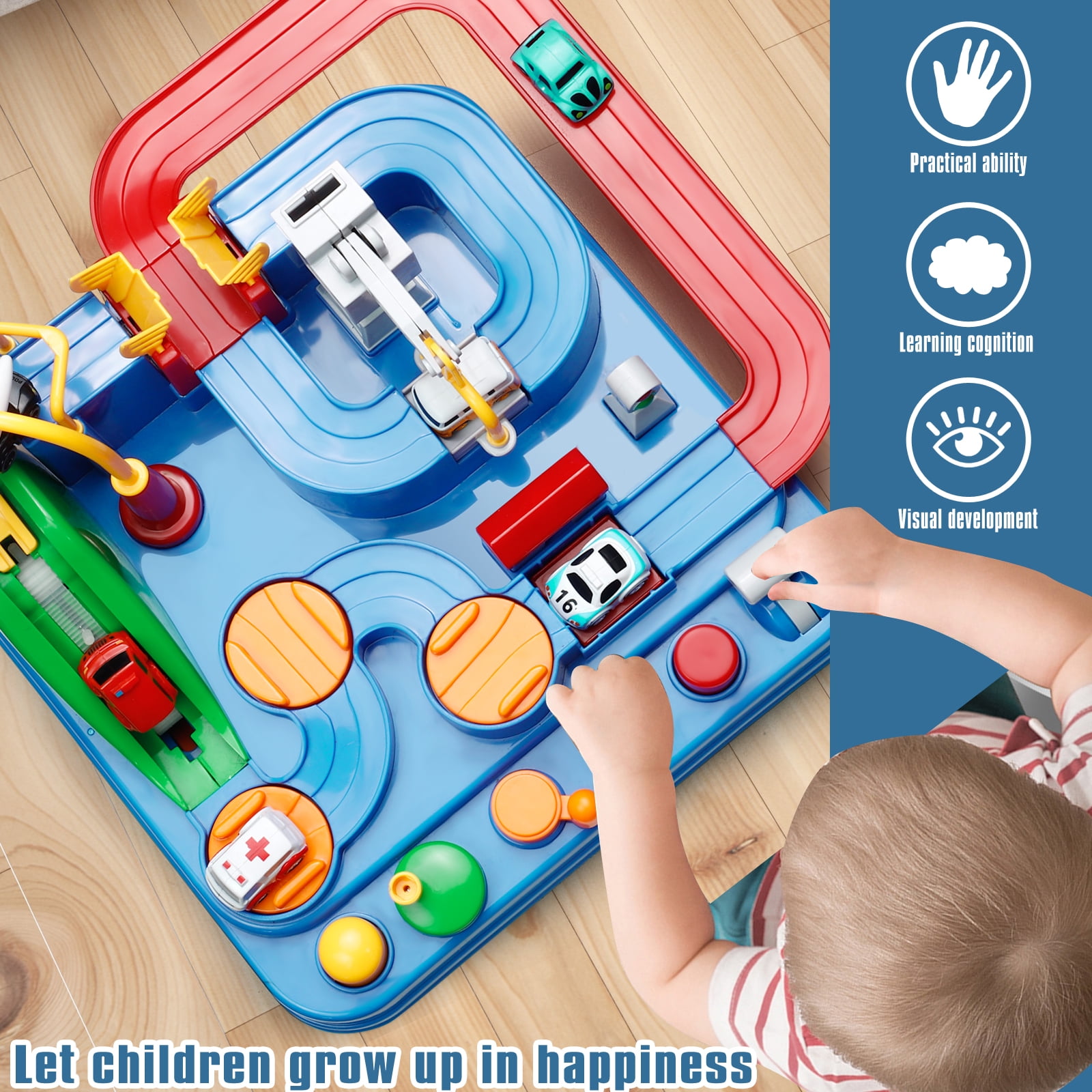 NETNEW Adventure Race Car Track Playset with 4 Mini Vehicles and 1 Helicopter (Blue, 1 Set) p5cmm