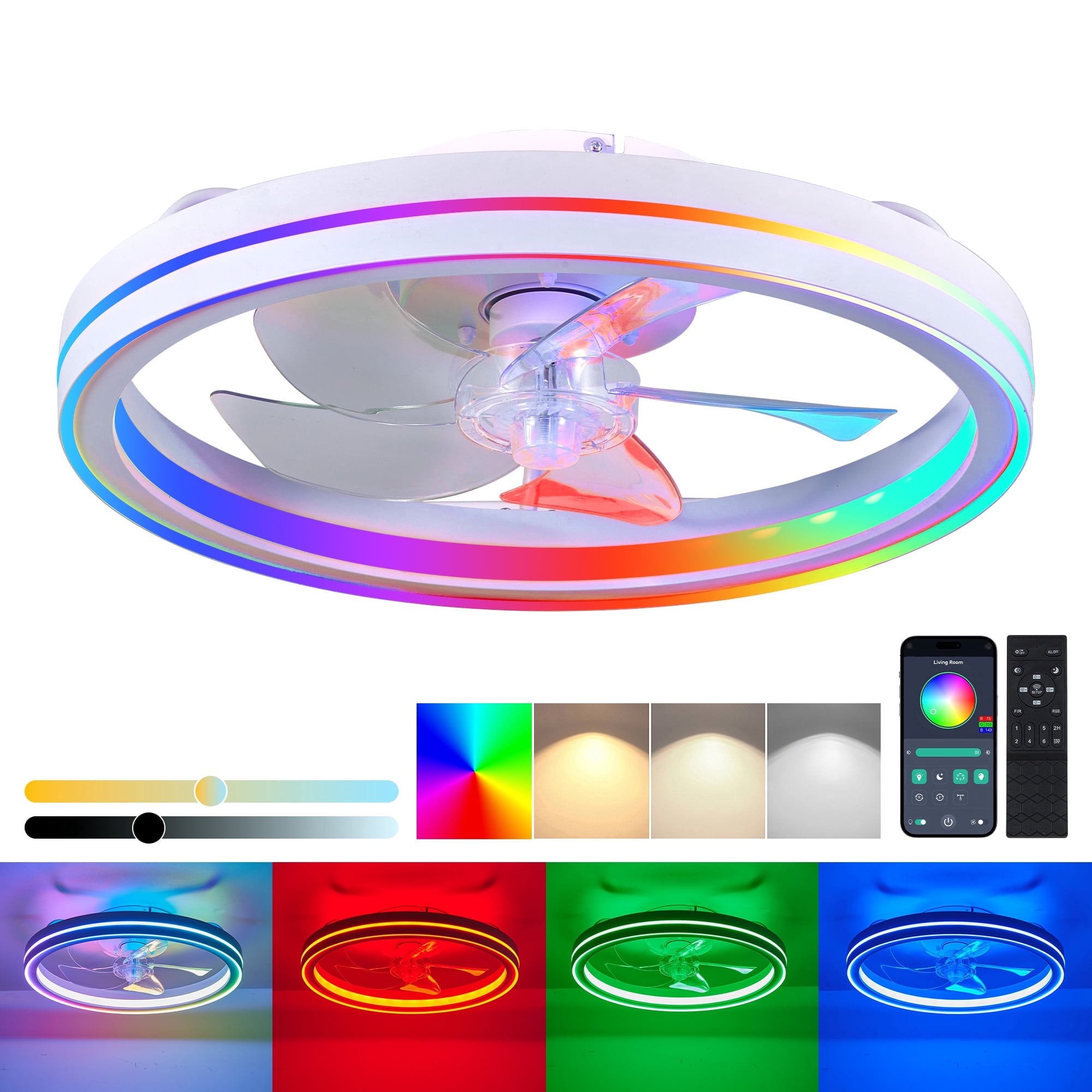 MQJIAZHI 19-inch RGB Bladeless Ceiling Fan with Light, Modern Flush Mount Fandelier with Remote and App Control (19 in) bj7uo