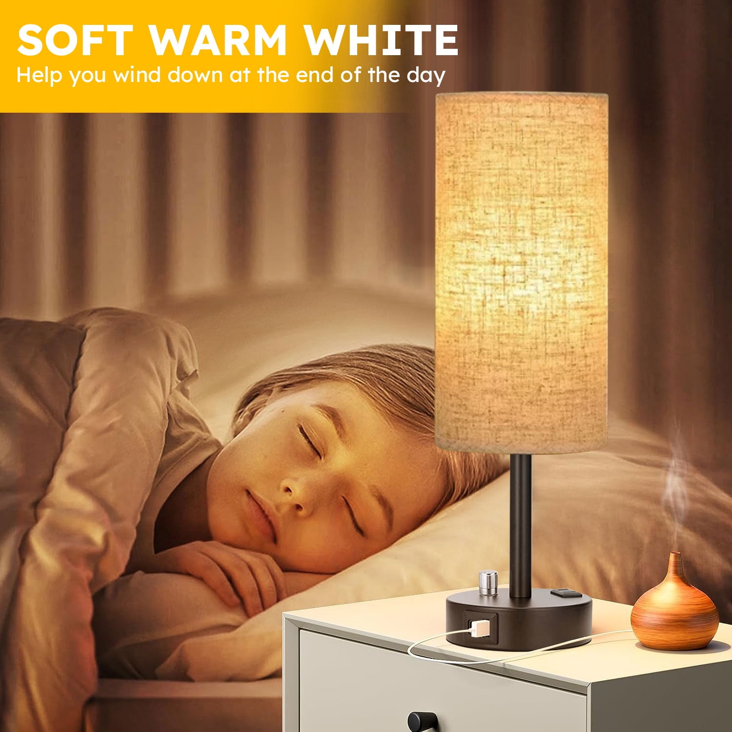 HadinEEon Bedside Table Lamp, Dimmable Industrial Desk Light with USB C&A Charging Ports and AC Outlet (Black, 15 in) wnrvo