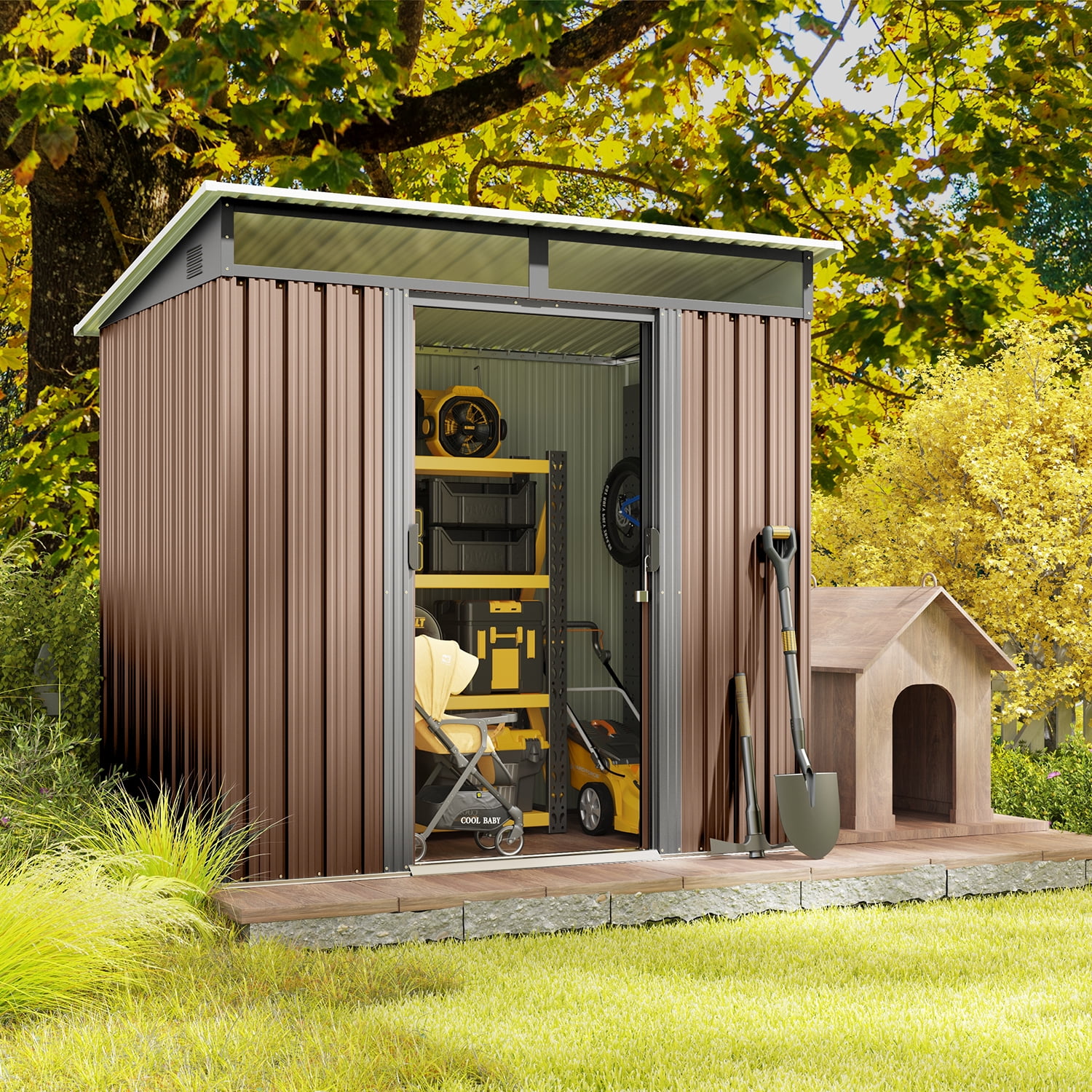 Asofer Lockable Metal Tool Shed, Outdoor Storage Cabinet with Double Doors and Light Window (Brown, 76.8 in x 42.9 in x 77.2 in) h7x2o