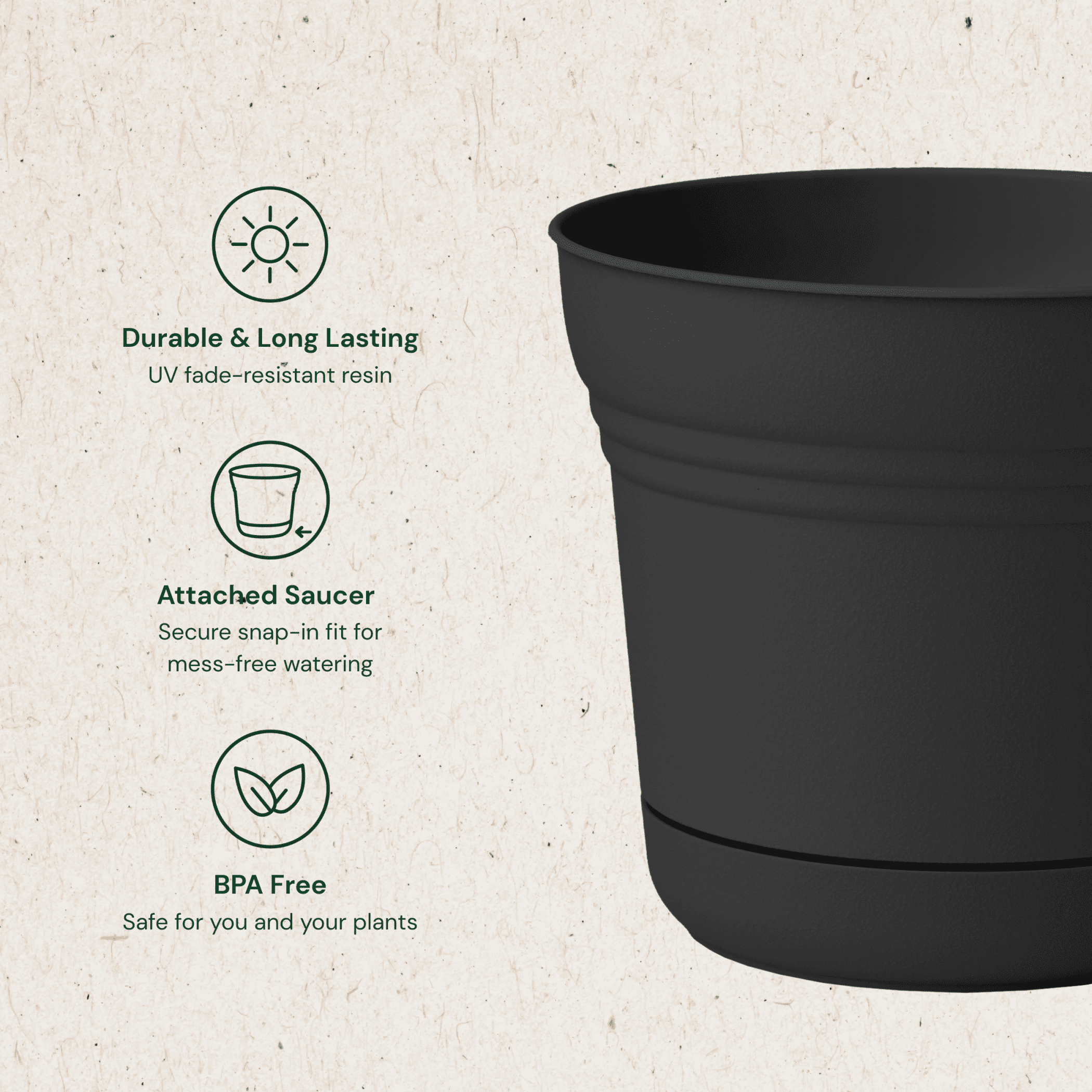 Bloem Saturn Round Plastic Planter with Snap-in Saucer and Drainage Holes (Black, 12.25 in) e0nhk