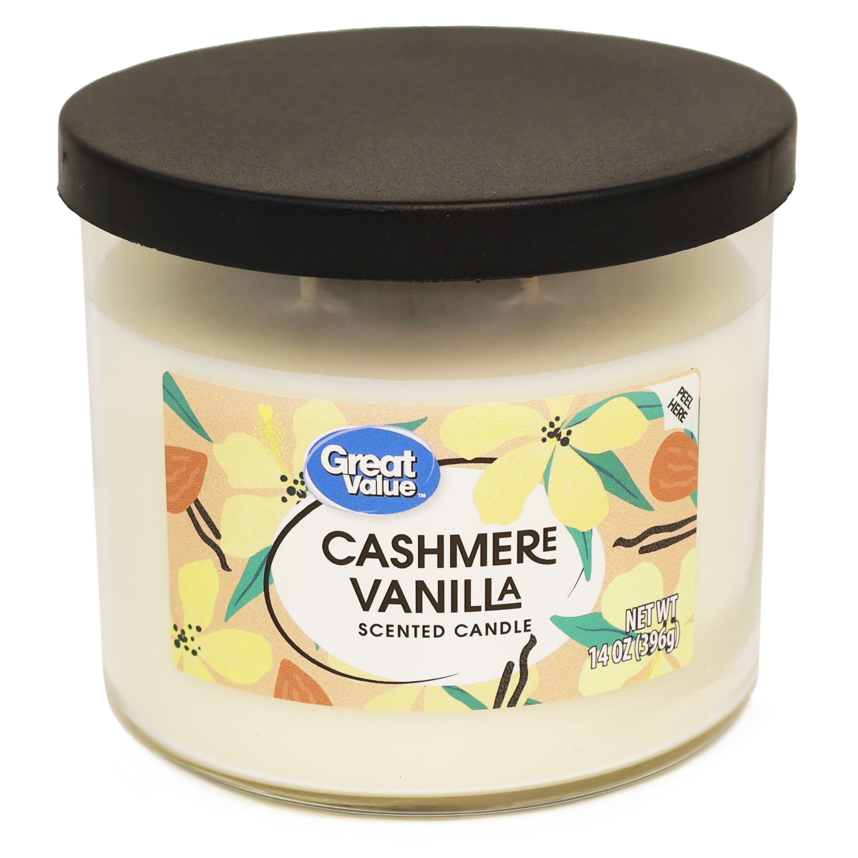 Great Value Cashmere Vanilla Scented Candle, 3-Wick Soy-Blend Wax, Long-Lasting Fragrance (White, 4 Pack, 14.5 oz) 03aue