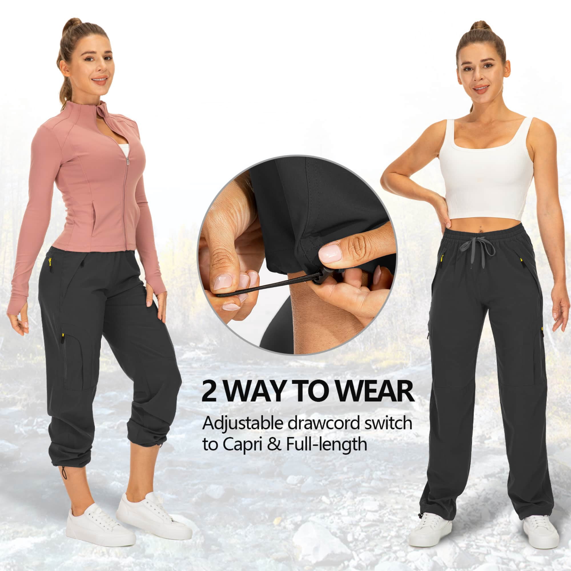 FEN AI Women's Cargo Hiking Pants Quick Dry Lightweight Water-Resistant Outdoor Trousers with Deep Pockets (Black, L) 20p23