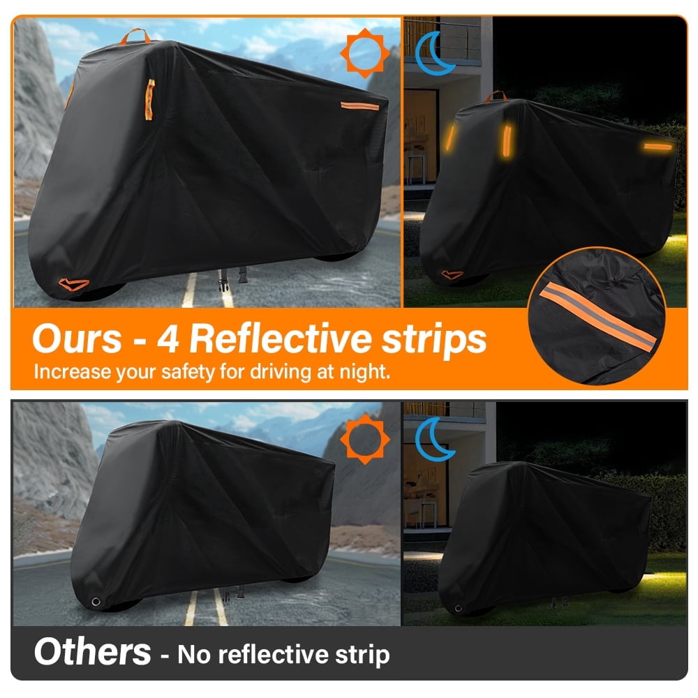 XiongXiong Motorcycle Cover, All-Weather Waterproof Protection, Heavy-Duty Oxford Fabric with Reflective Strips (Black, 4XL) cis9g