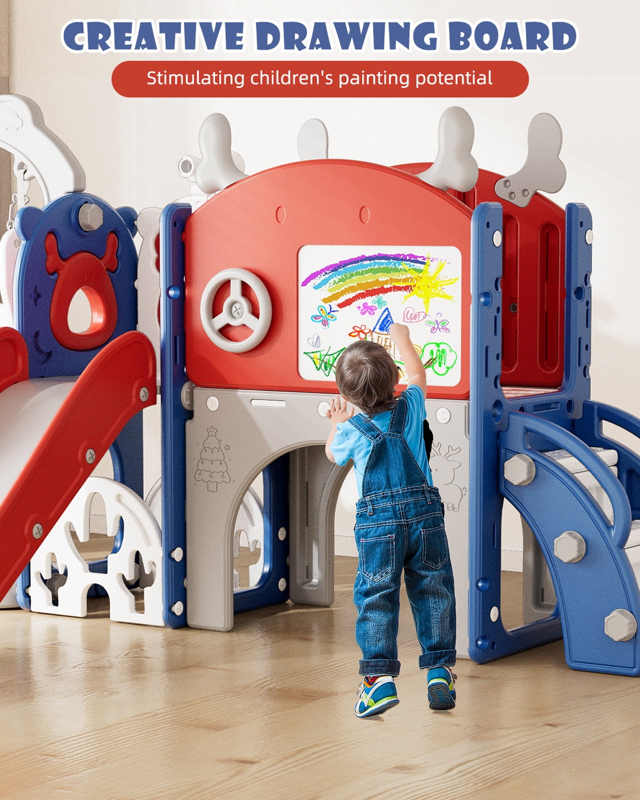 YUFU 13-in-1 Toddler Slide and Swing Set with Basketball Hoop and Drawing Board (Red, 82 in x 62 in x 41.3 in) djqu8