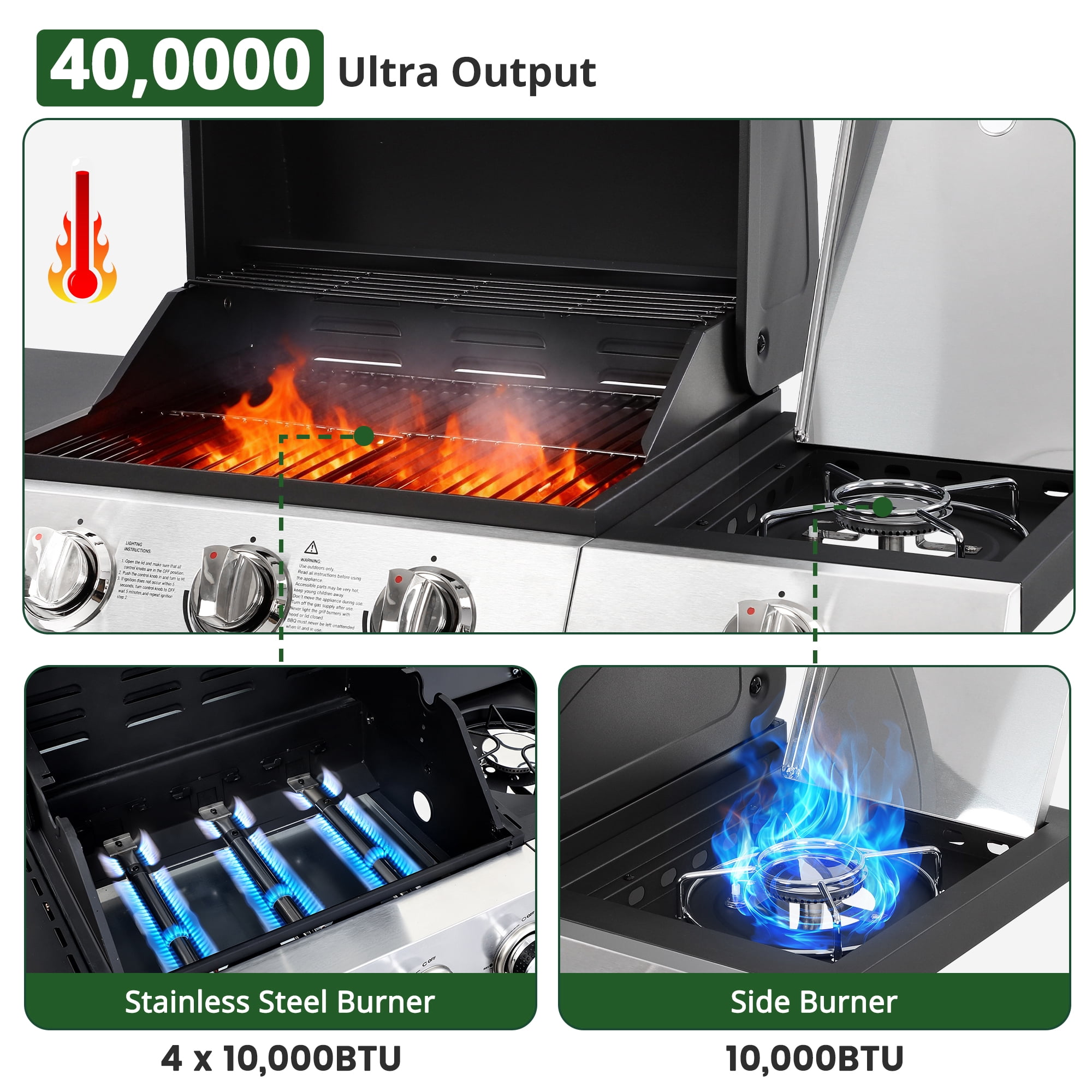 Seizeen 3-Burner Propane Gas Grill with Side Burner and Storage Cabinet (Black, 40,000 BTU) eqsts