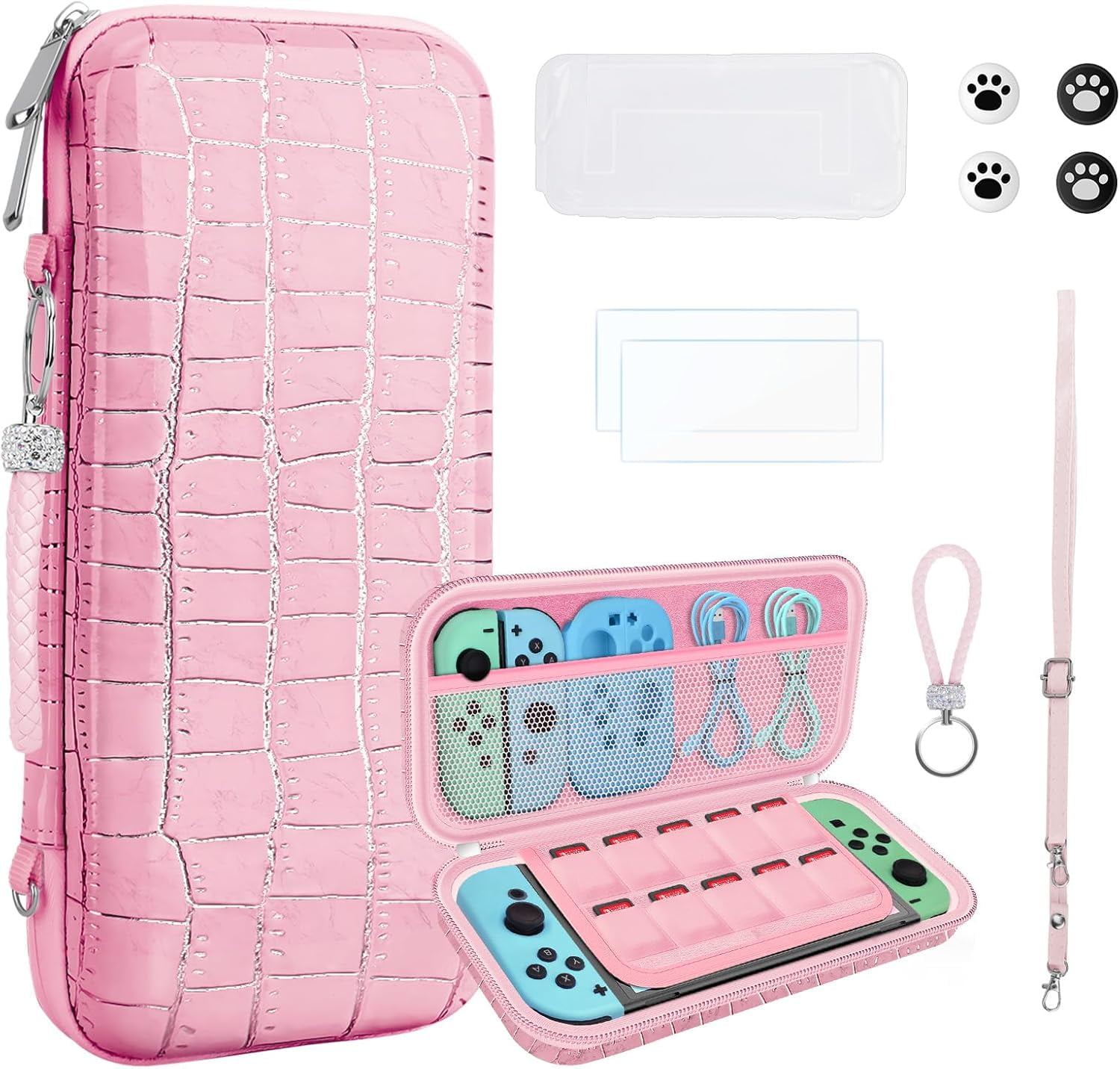 HOMICOZY Carrying Case for Nintendo Switch OLED, Protective Accessories Set with TPU Cover, Screen Protector, and Adjustable Strap (Pink Crocodile, 10.4 x 5.1 x 1.8 in) wxav3