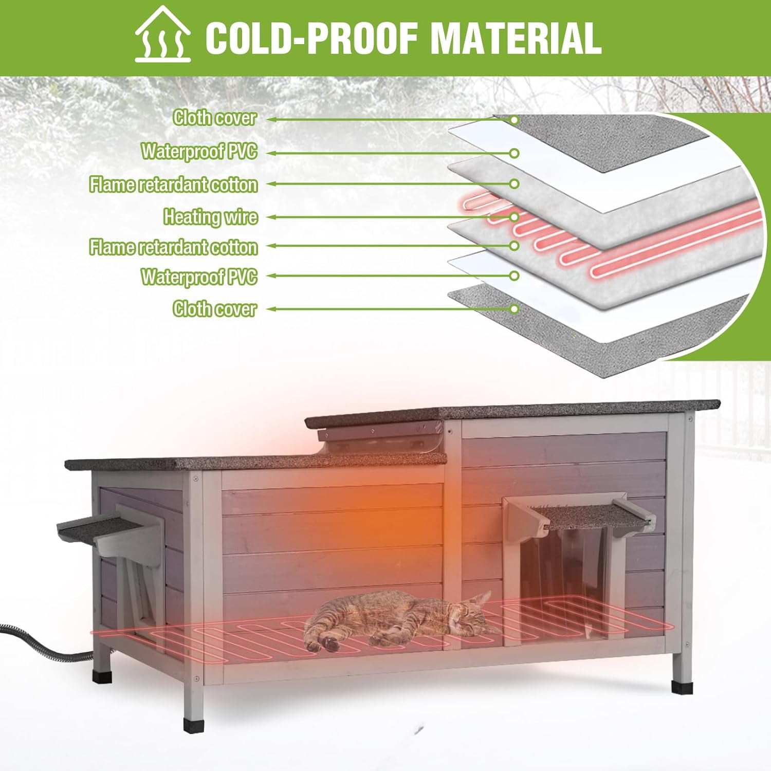 Aivituvin Heated Outdoor Cat House, Weatherproof Insulated Shelter for Feral Cats (Grey, Large) 5ypby
